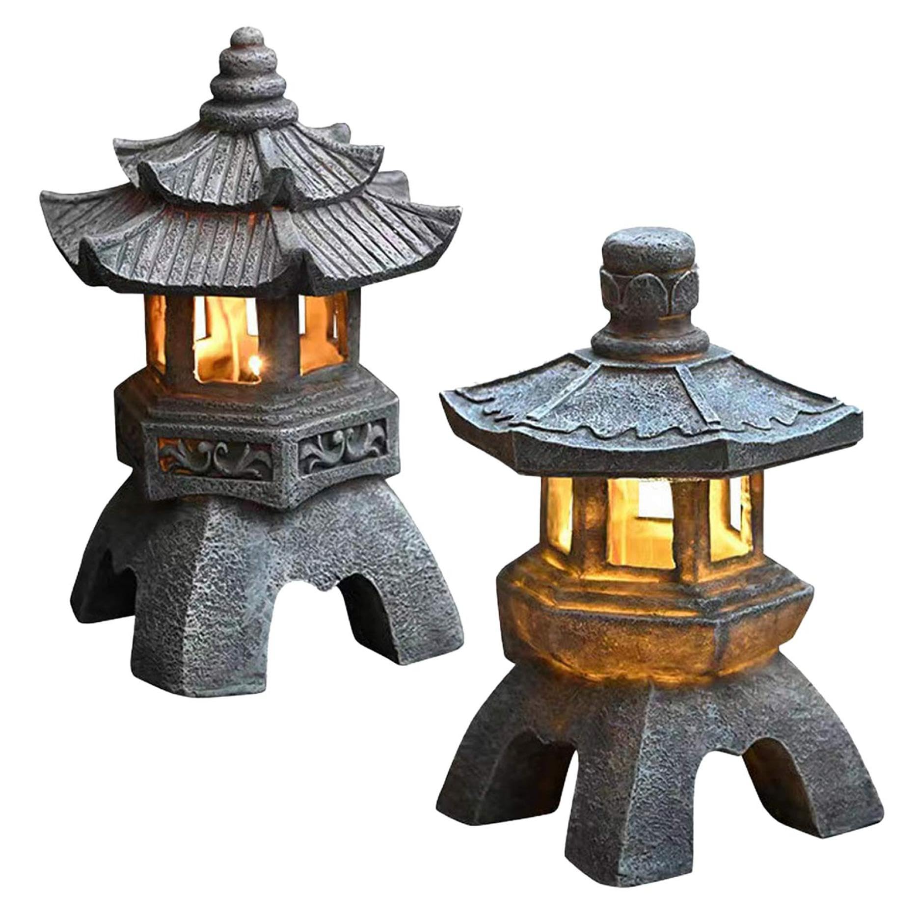 Decoración de jardín, estatua de jardín de pagoda, estilos japoneses, impermeable, estatuas de jardín solares de resina, resistentes a los rayos UV, adornos de jardín al aire libre para patio,