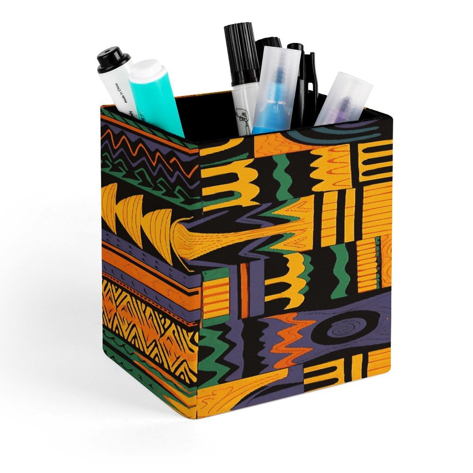 FekiLoot African Ethnic Pattern1 Pencil Holder for Desk Square Leather Pen Holder Cup Desktop Organizer Multi-Functional Pencil Cup Holders Modern Decorative Desk Organizer Caddy Makeup Brush Holders