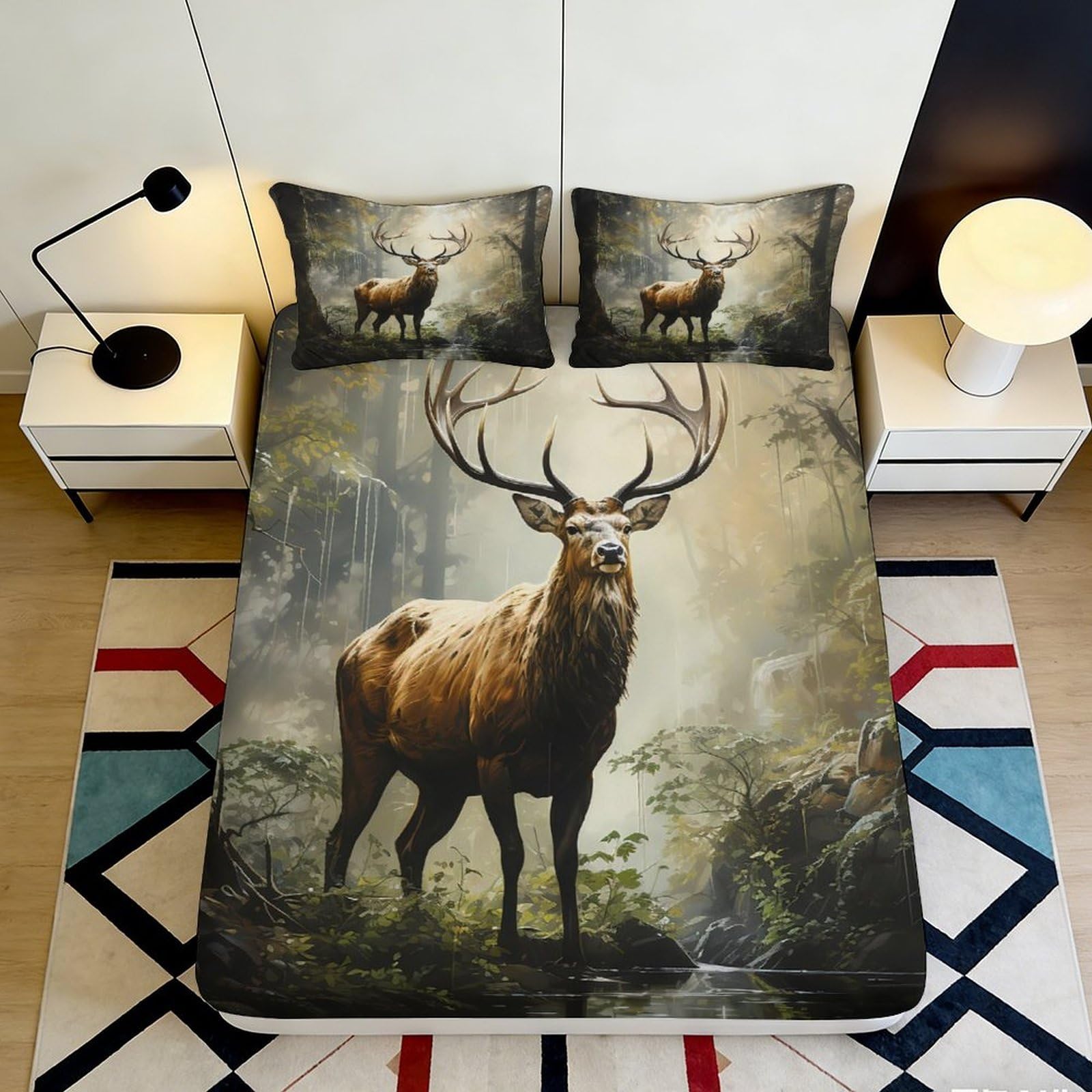 Zfldkwgb Style-1 3D Printed Forest Deer Fitted Sheet Microfiber Soft Breathable Woodland Elk Mattress Cover For Bedroom Dorm Decor 90X200x25cm
