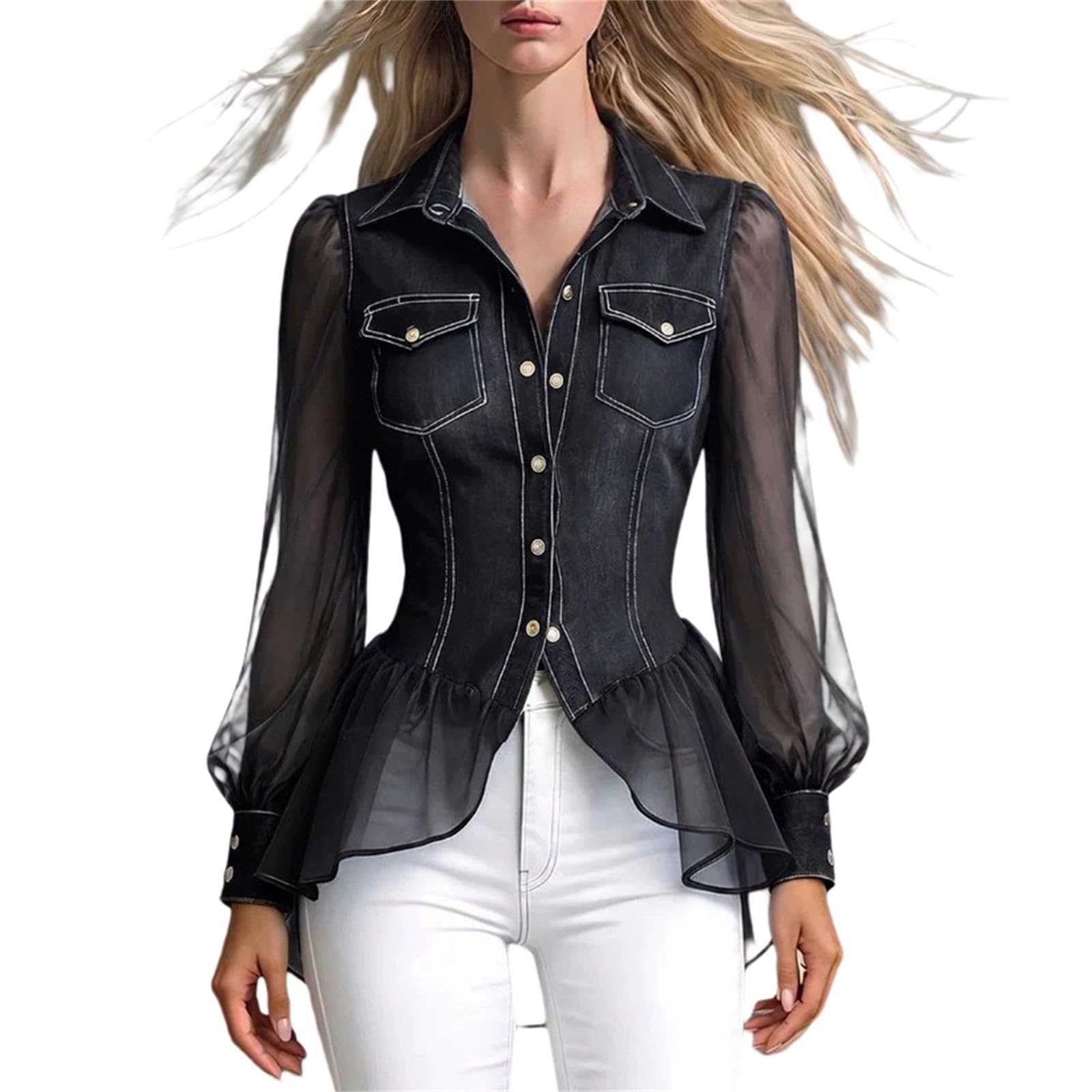Elegante camicia da donna in jeans con risvolto a maniche lunghe | Camicetta in tinta unita in tessuto denim, vestibilità regolare, con tasca frontale