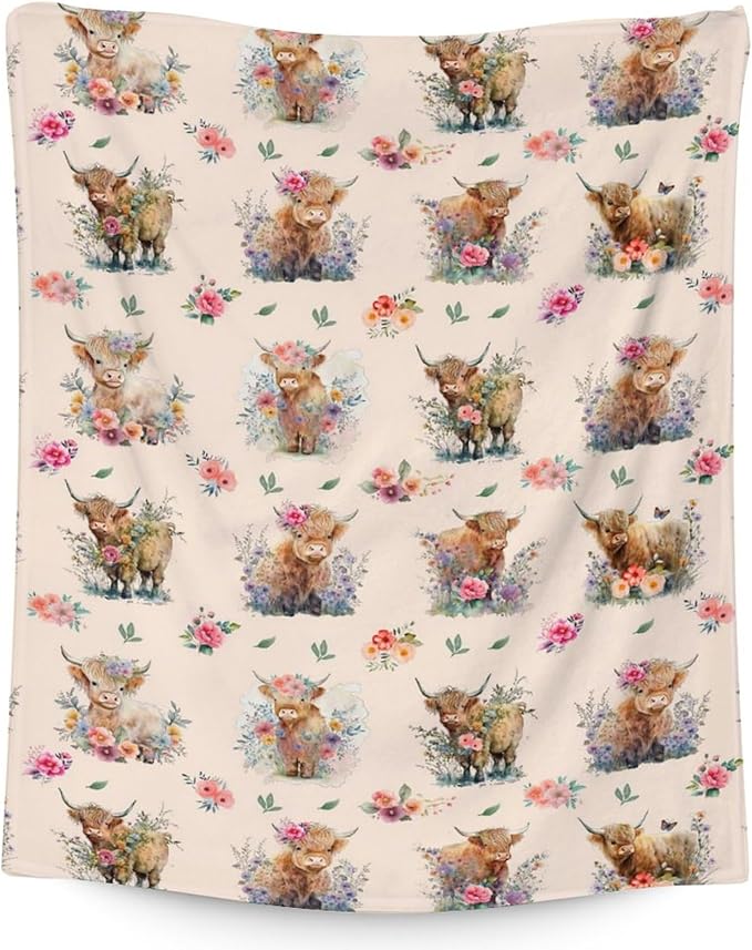 Mercuryelf Highland Cow Throw Blanket - Soft, Fuzzy & Warm - 30x40 Inches Small Blankets for Lap, Crib - Beige Cute Throws Gift for Baby