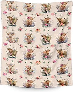 Mercuryelf Highland Cow Throw Blanket - Soft, Fuzzy & Warm - 30x40 Inches Small Blankets for Lap, Crib - Beige Cute Throws Gift for Baby