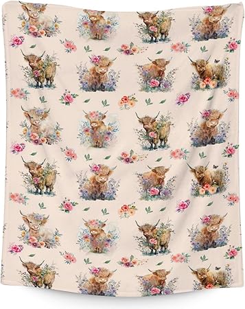 Mercuryelf Highland Cow Throw Blanket - Soft, Fuzzy & Warm - 30x40 Inches Small Blankets for Lap, Crib - Beige Cute Throws Gift for Baby