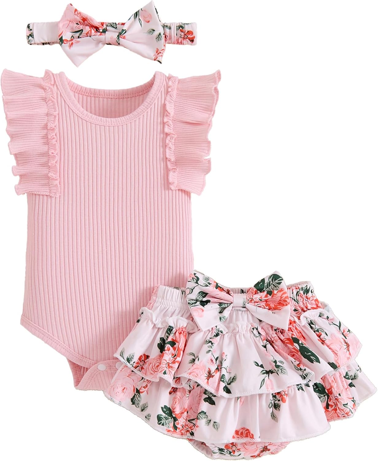 Newborn Girl Clothes Ruffled Sleeveless Romper Top Cute Floral Shorts with Headband Baby Girl Summer Clothes