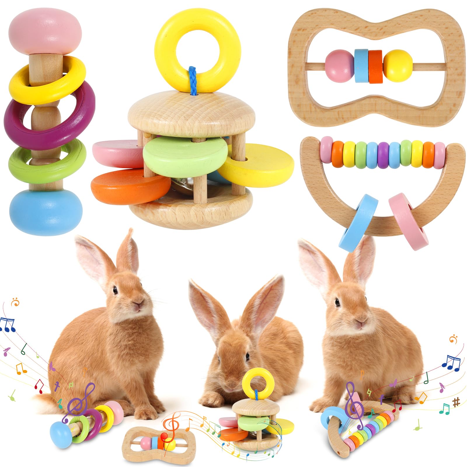 4Pcs Wooden Bunny Toys Safe Rabbit Toys Wooden Rattle Toys Interactive Rabbit Chew Toy Bite Resistant Pets Teeth Care Molar Toys for Small Animals Rat Guinea Pig Playing Indoor Outdoor Gifts