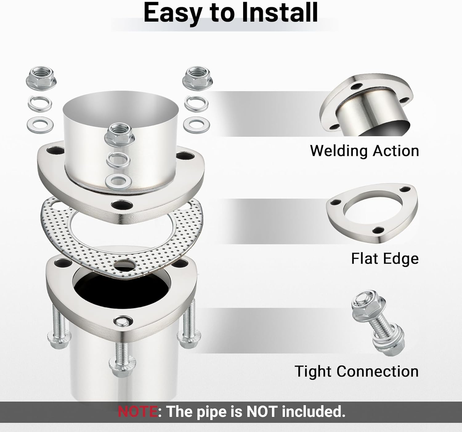 EVIL ENERGY 3 Inch 3 Bolt Exhaust Flange Connection Kit, Stainless Steel Exhaust Flange and Gasket Set with Bolts and Nuts, 2 PCS