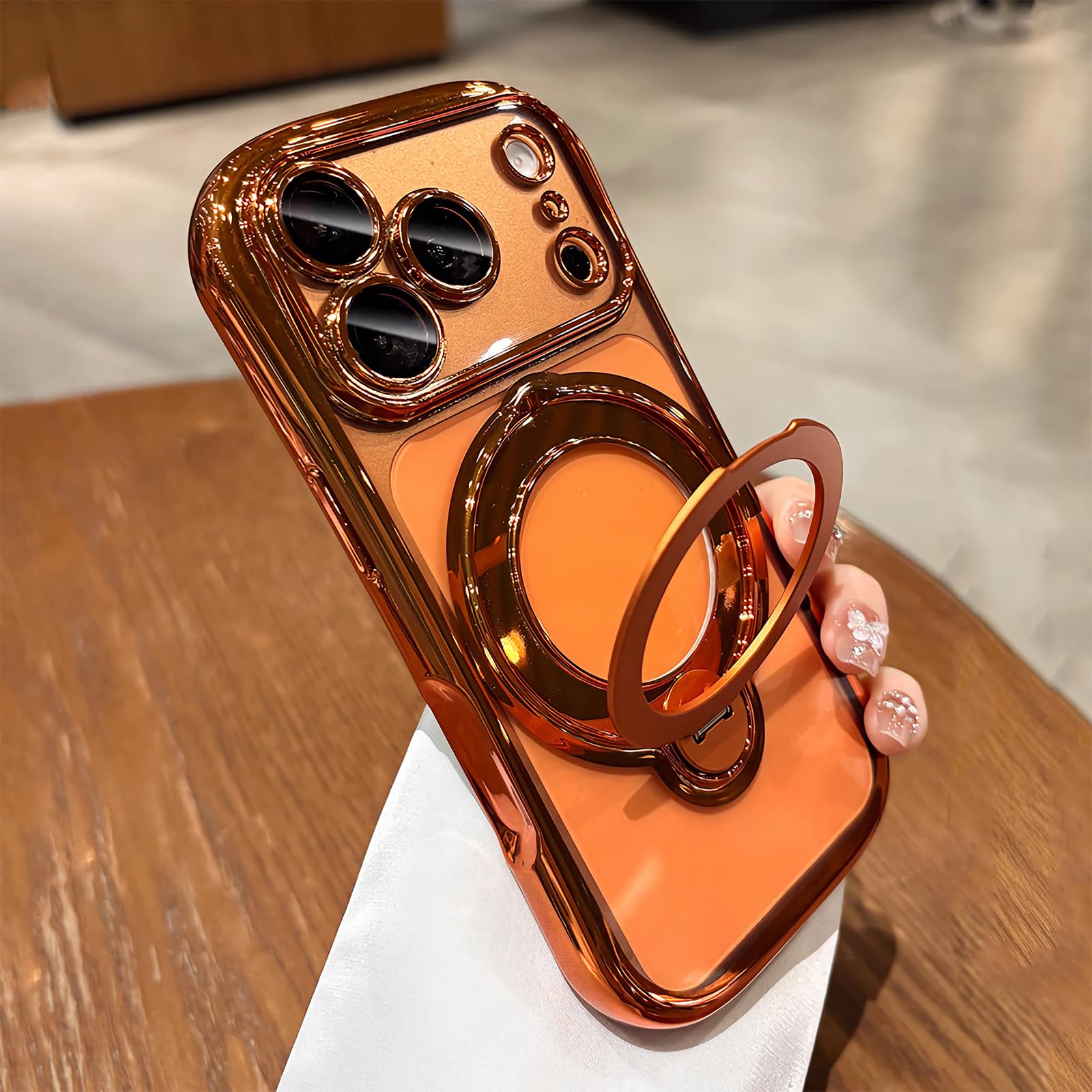 LXK 360 Spin Magnetic Stand for iPhone 17 Pro Max Case Clear Glossy | [Fit for MagSafe] [Full Camera Protection] Titanium Alloy Sturdy Stand, 17FT Military Protection Cover, Cosmic Orange