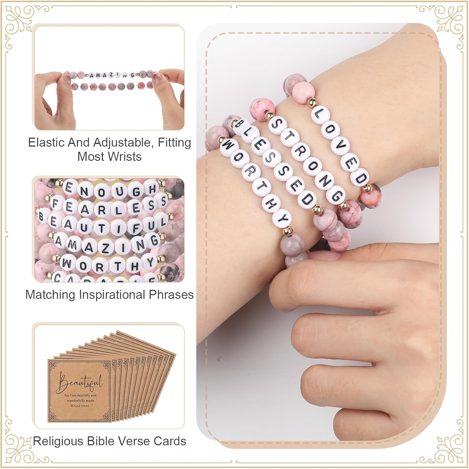 12 Set Christian Beaded Bracelets for Women Pink Bible Natural Crystal Stone Elastic Beaded Bracelets with Religious Prayer Card Faith Inspirational Gifts for Mother Grandmother Church Gift - Image 3