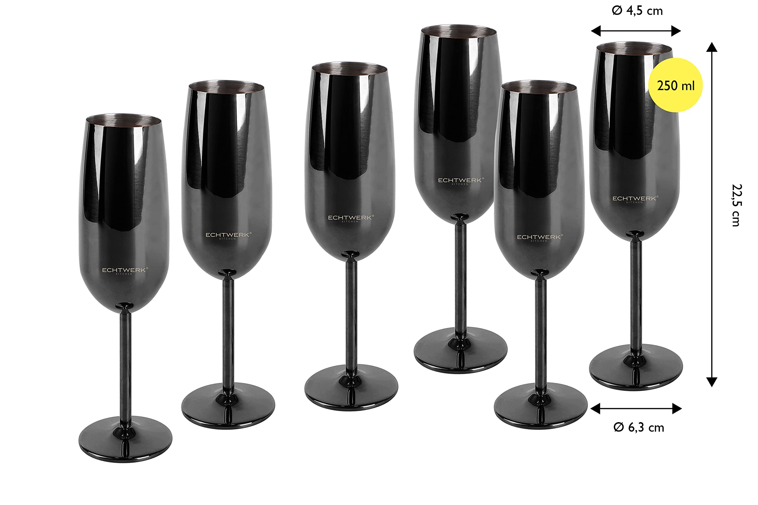 ECHTWERK Zestaw 6 kieliszków do szampana i wina musującego ze stali nierdzewnej, edycja czarna, 250 ml, 22,5 x 6,3 cm