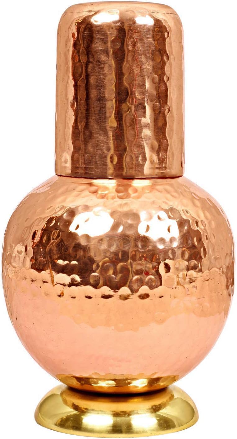 Spiritual World Hammered Pure Copper Surai Design Bedroom Water Bottle with Inbuilt Glass,750ml