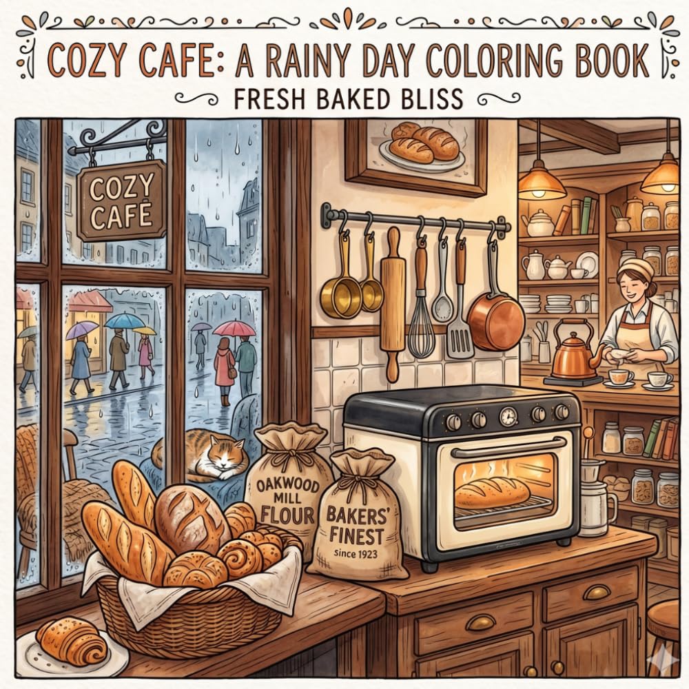 Cozy Rainy Cafe Coloring Book: Cozy Bakery Scenes for Relaxation and Stress Relief