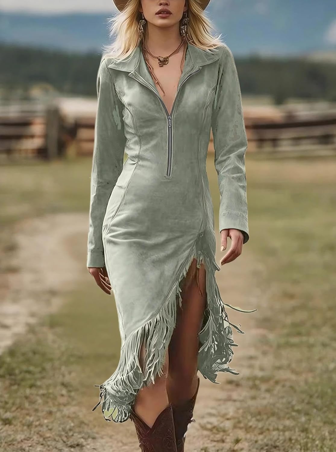 Women Western Suede Midi Dress Lapel Zip Up Long Sleeve Tassel Hem Vintage Slim Fit Fall Spring Dresses - Image 2