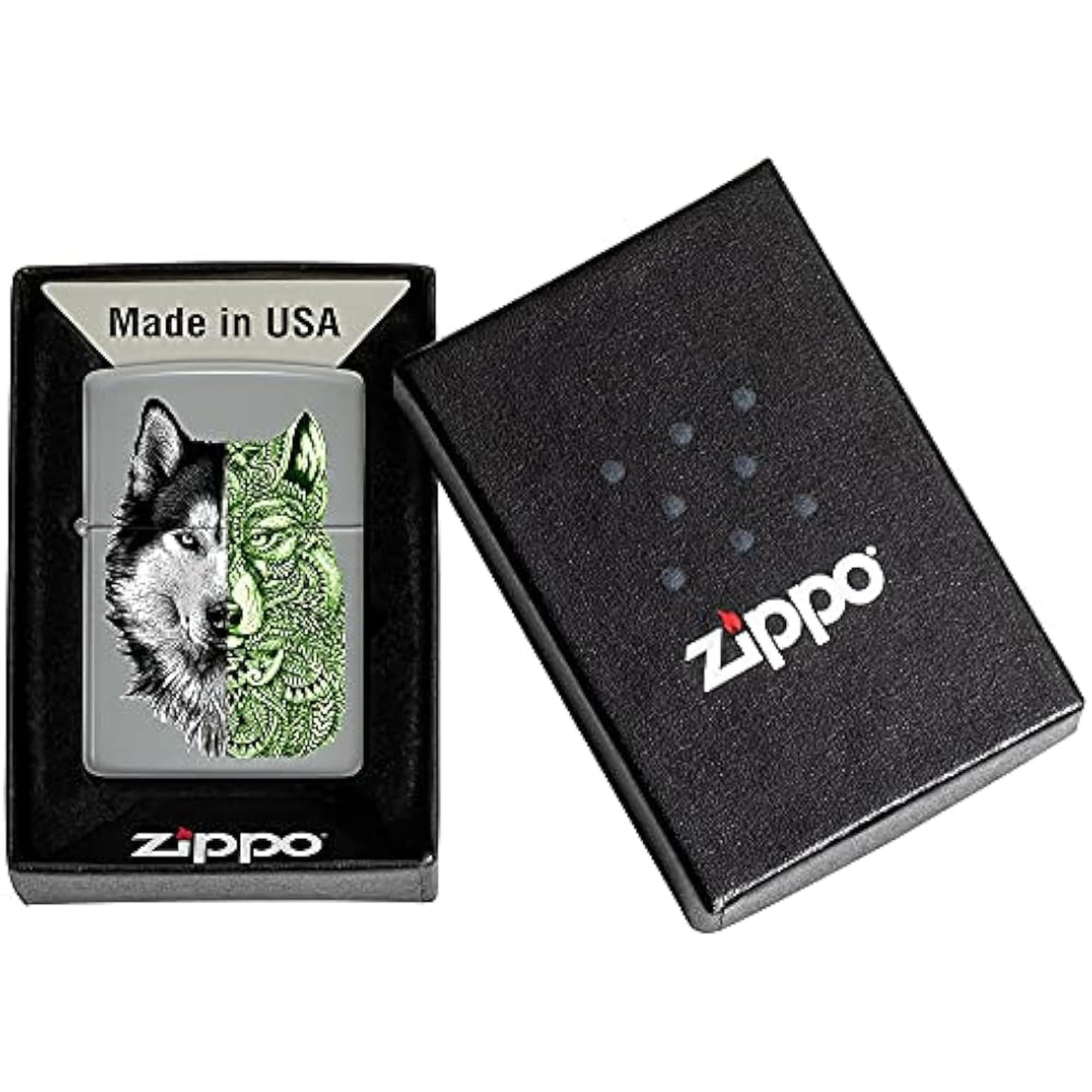 Zippo Briquet Tempête - Modèle Tattoo Wolf avec Color Image - Finition Grise Mate - Rechargeable - Réutilisable - Design Coupe-Vent - Coffret Cadeau - Fabriqué aux États-Unis