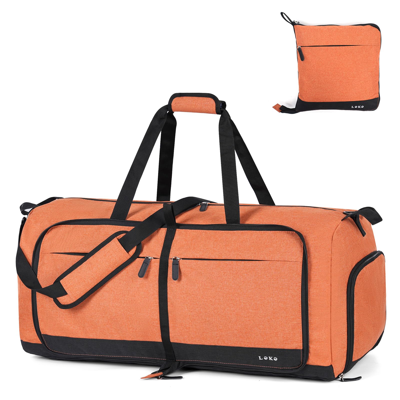 Lekesky Foldable Travel Duffel Bag for Women, 80L Large Duffle Bag with Separate Shoes Compartments &amp; Straps, Carry On Weekend Bag for Women, Hospital, Overnight(Orange)