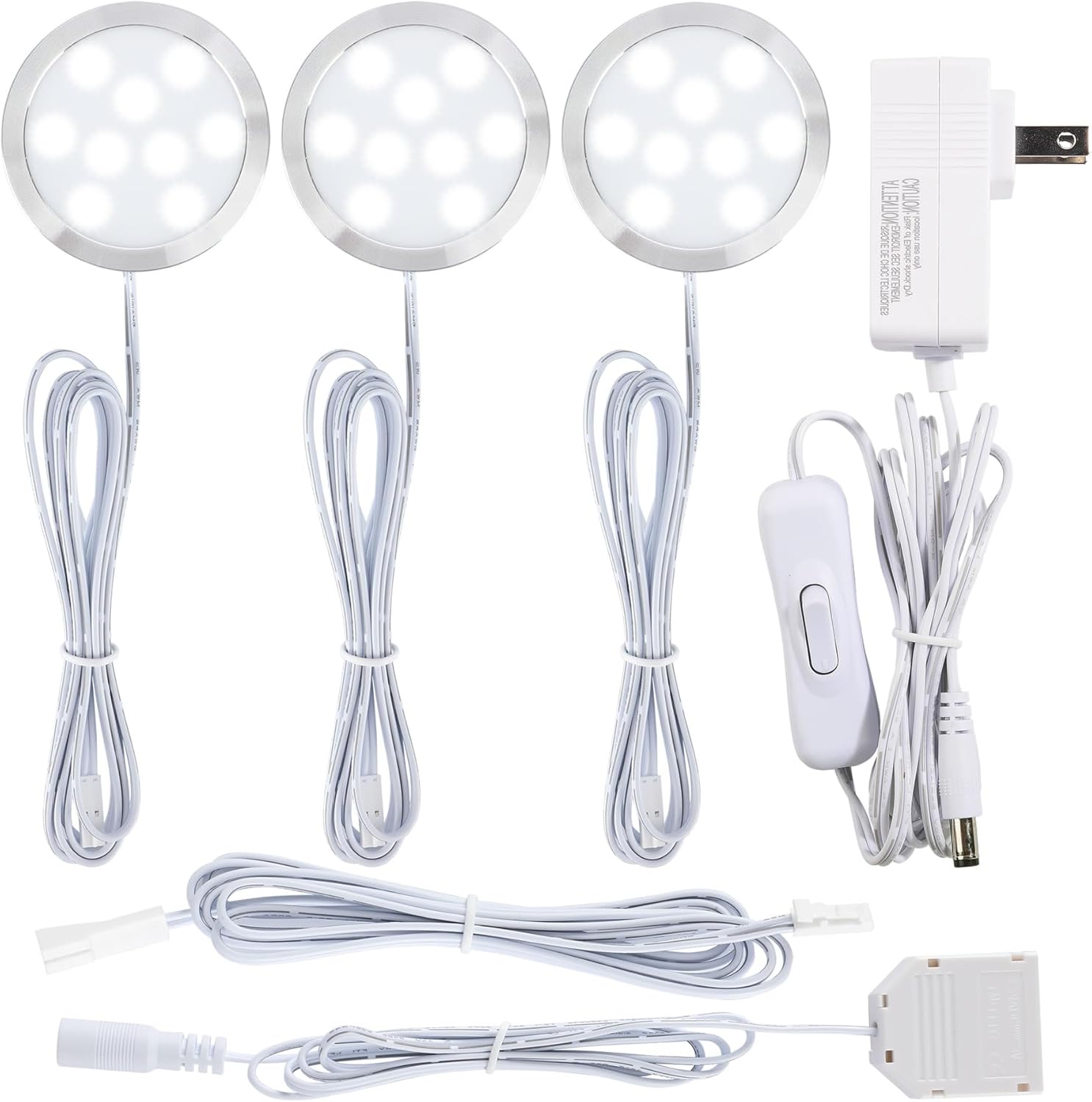 Plug-in Under Cabinet Round Puck Light Kit, 120V Electric Wired LED Closet Showcase Lighting, 3-Way Octopus Junction Box Wiring, On n Off Switch, Cool White 6000K, 3 Lights