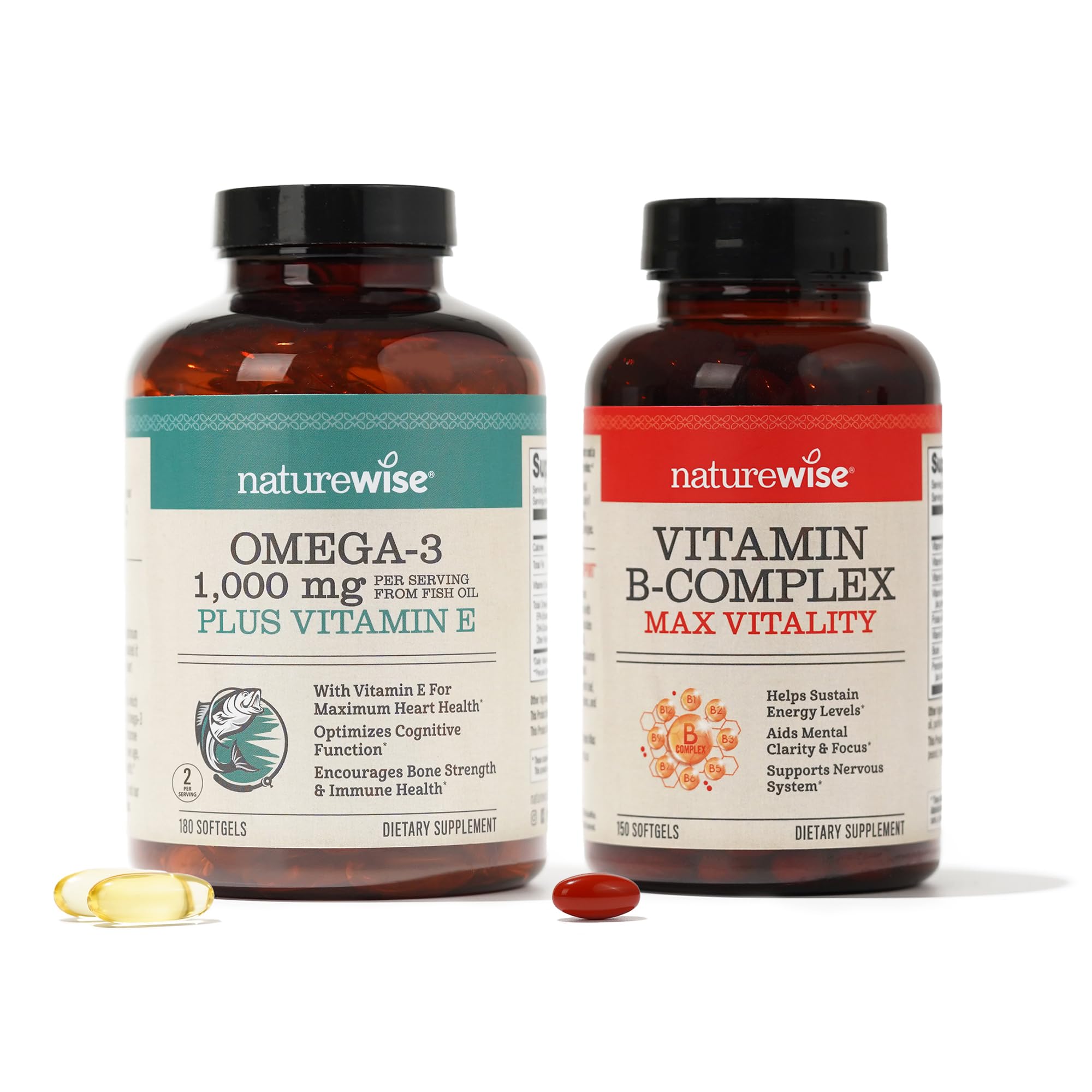 NatureWise 1000mg Omega 3 600mg EPA 400mg DHA with Vitamin E 180ct & Vitamin B Complex for Women and Men 150 Softgels[5-Month Supply]
