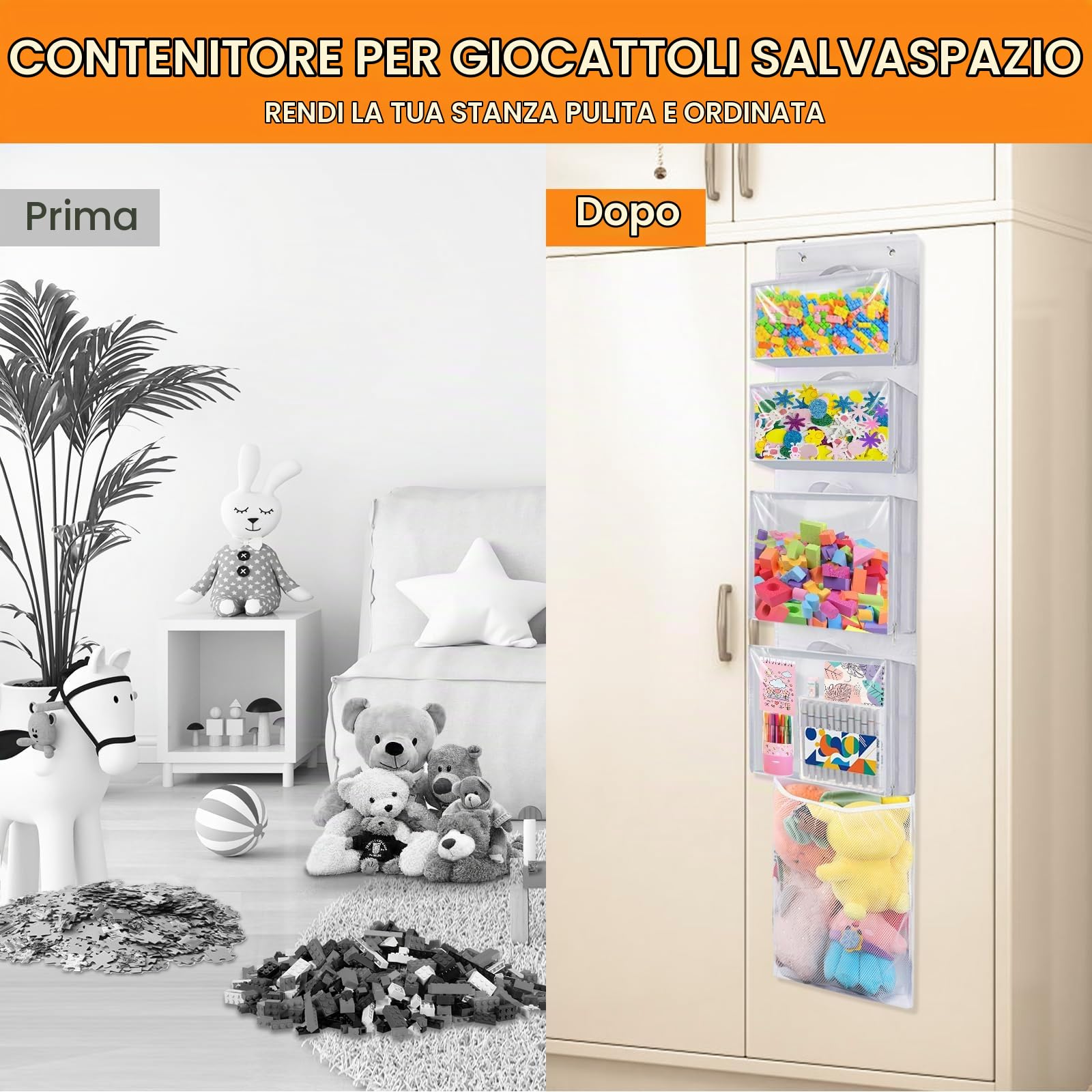 Woodoulogy Appesi il deposito dei giocattoli alla porta, Idea con 4 Case Bag rimovibili, due volte il portaoggetti con tasca di rete