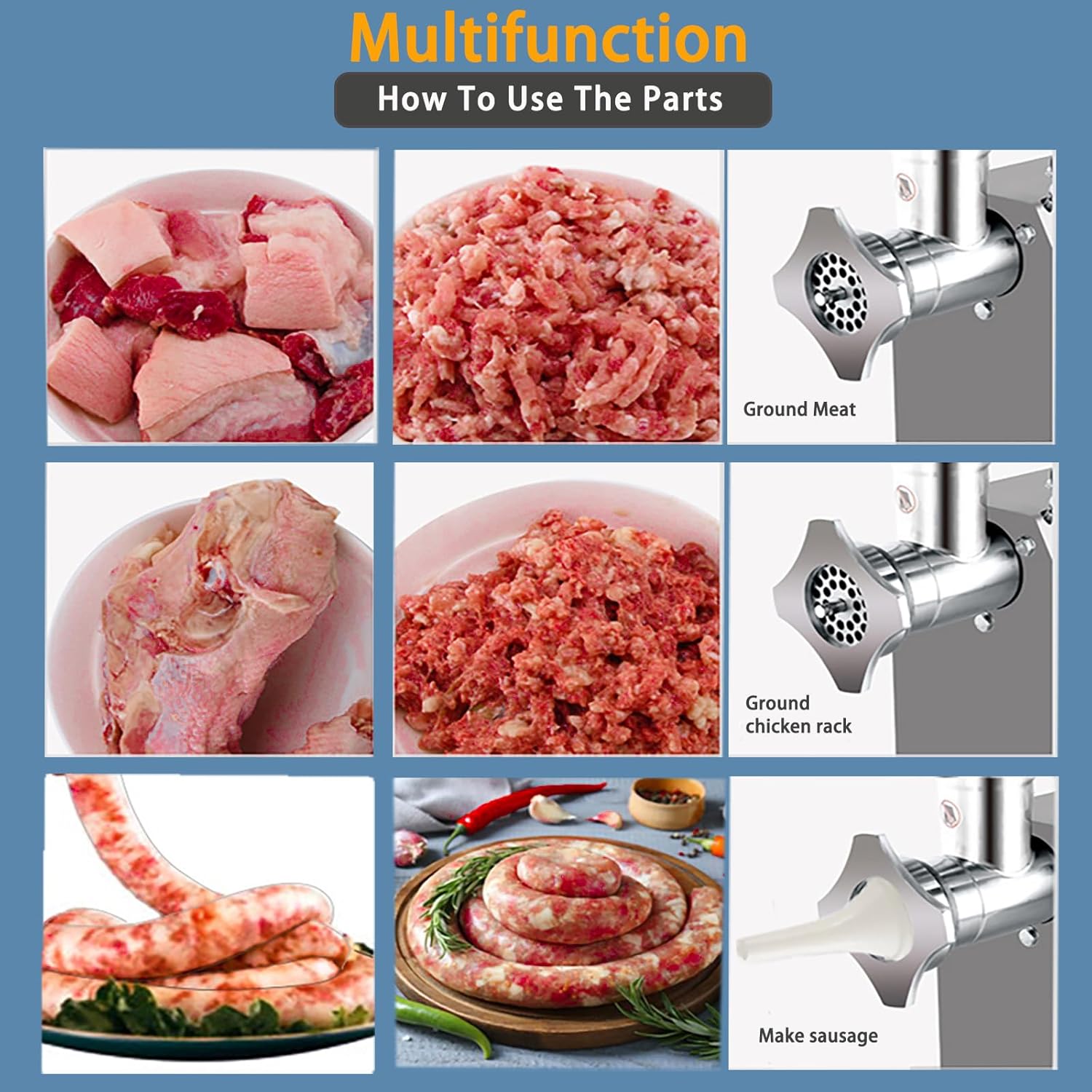 Commercial Meat Grinder Electric, Max Yield 180KG/H (397lbs/H) 1100w High Capacity Commercial Heavy Duty Meat Grinder and Sausage Stuffers with 2 Blades 2 Grinding Plates (6mm/8mm) for Household Use