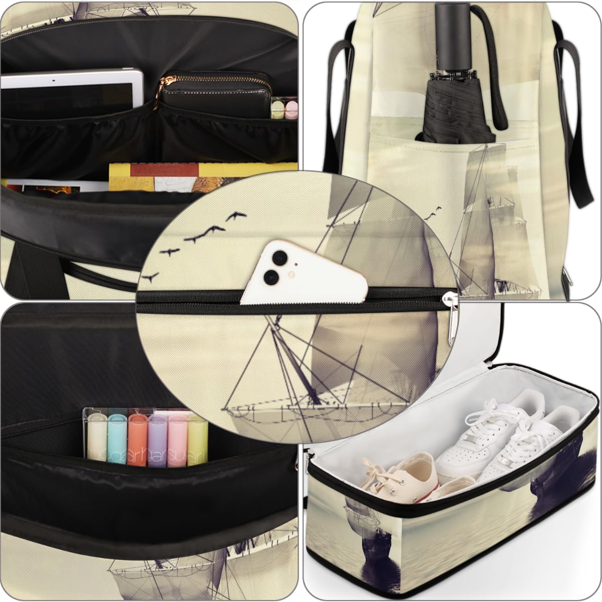 Ocean Sailboat - Bolsa de viaje plegable de 47 L, bolsa de fin de semana con funda de carrito para hombro, bolsa de hombro separada para deportes, gimnasio, viajes, multicolor, 47L, Bolsa de viaje