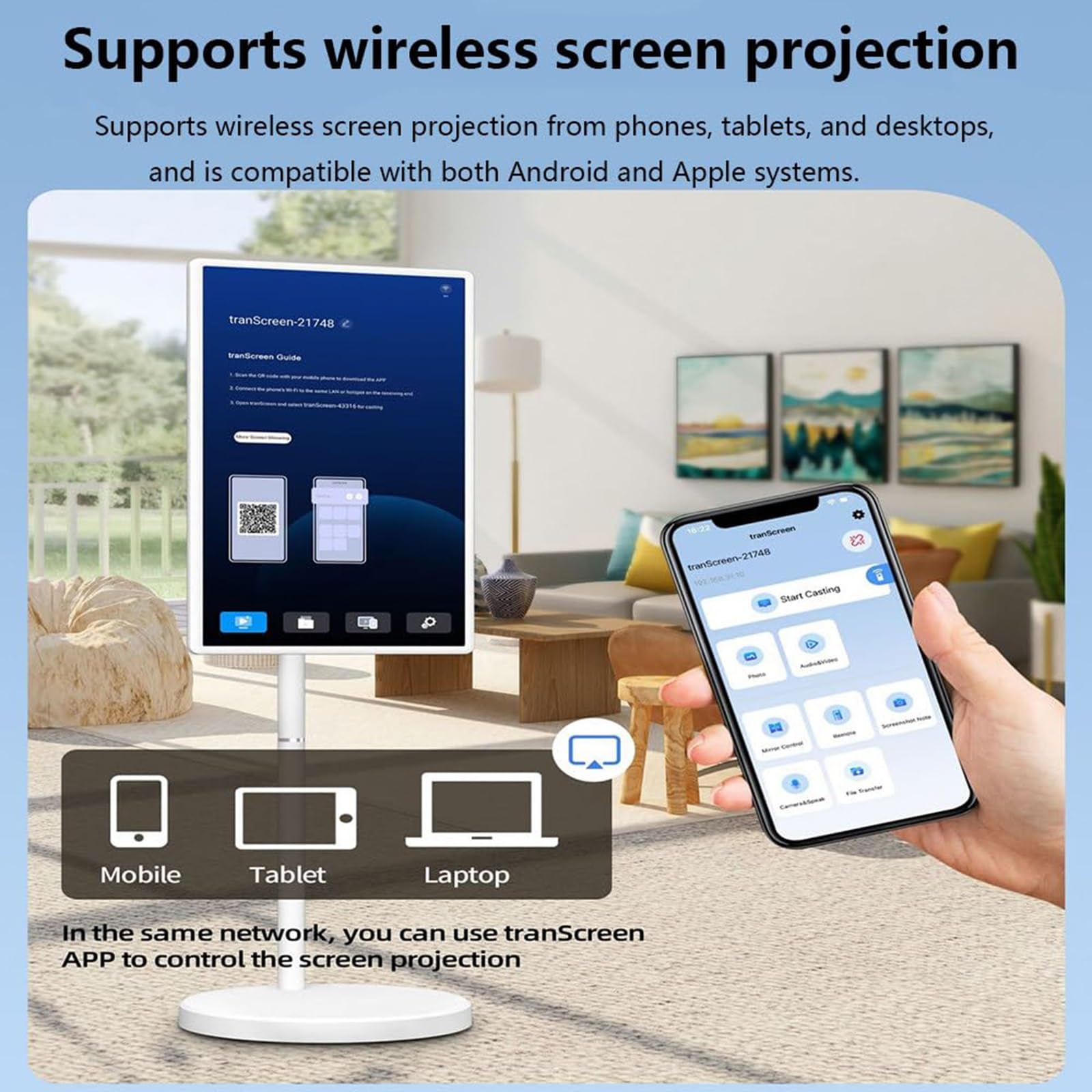 Schermo Smart TV Portatile Da 32'' (6+128 GB) Con Telecomando, Supporto TV Mobile Android 15.0, TV Mobile Wireless Su Ruote, Batteria Integrata, Rotazione Completa