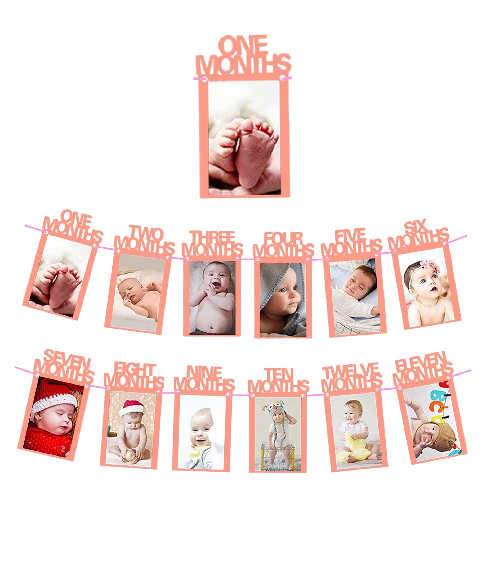 40576 My First Year Pink Baby Rectangular Shape Wall Mount Photo Frame/Monthly Banner With String For Baby Picture/Kids Thickened Kraft Card Paper 1St Birthday Bunting Baby Photo Banner