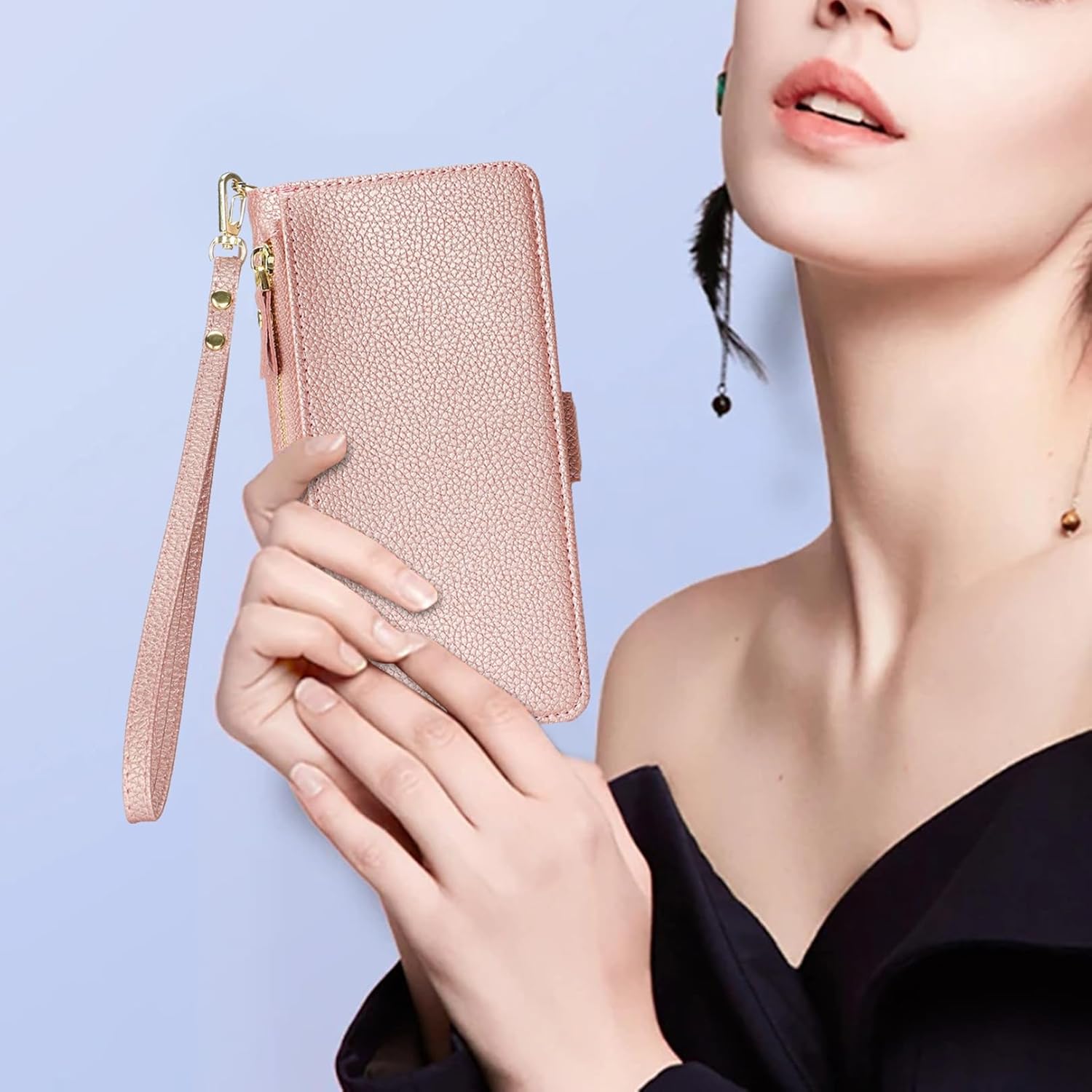 Jaorty for iPhone 15 Detachable Wallet Case, [Compatible with MagSafe] [Card Holder] [Zipper Pocket],2-in-1 PU Leather Flip Purse Kickstand Wrist Strap Magnetic Cover Men Women,Lichi Rosegold