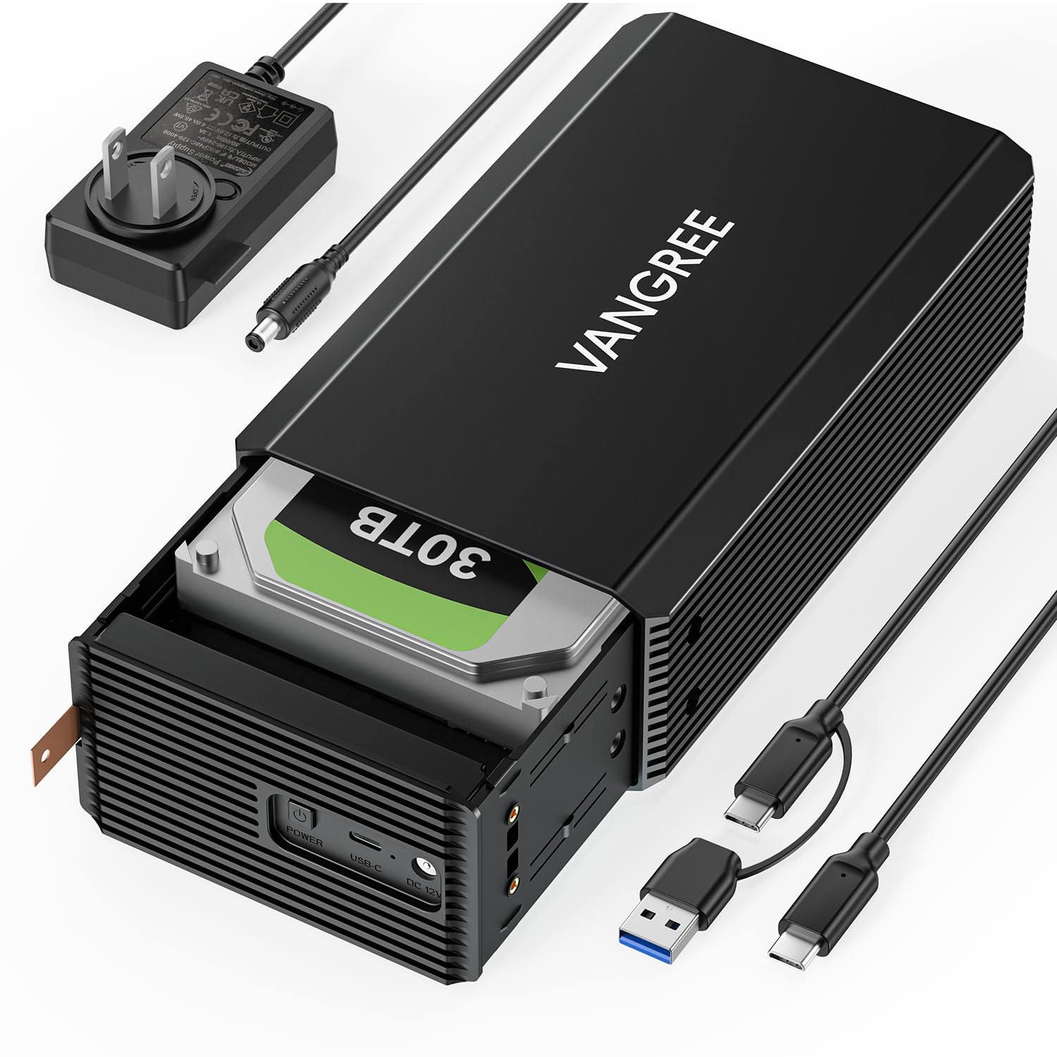 VANGREE Caja de disco duro RAID de doble bahía para disco duro SATA HDD/SSD de 2.5 pulgadas/3.5 pulgadas, carcasa de aluminio sin herramientas con ventilador de refrigeración, USB A/C 3.0, velocidad