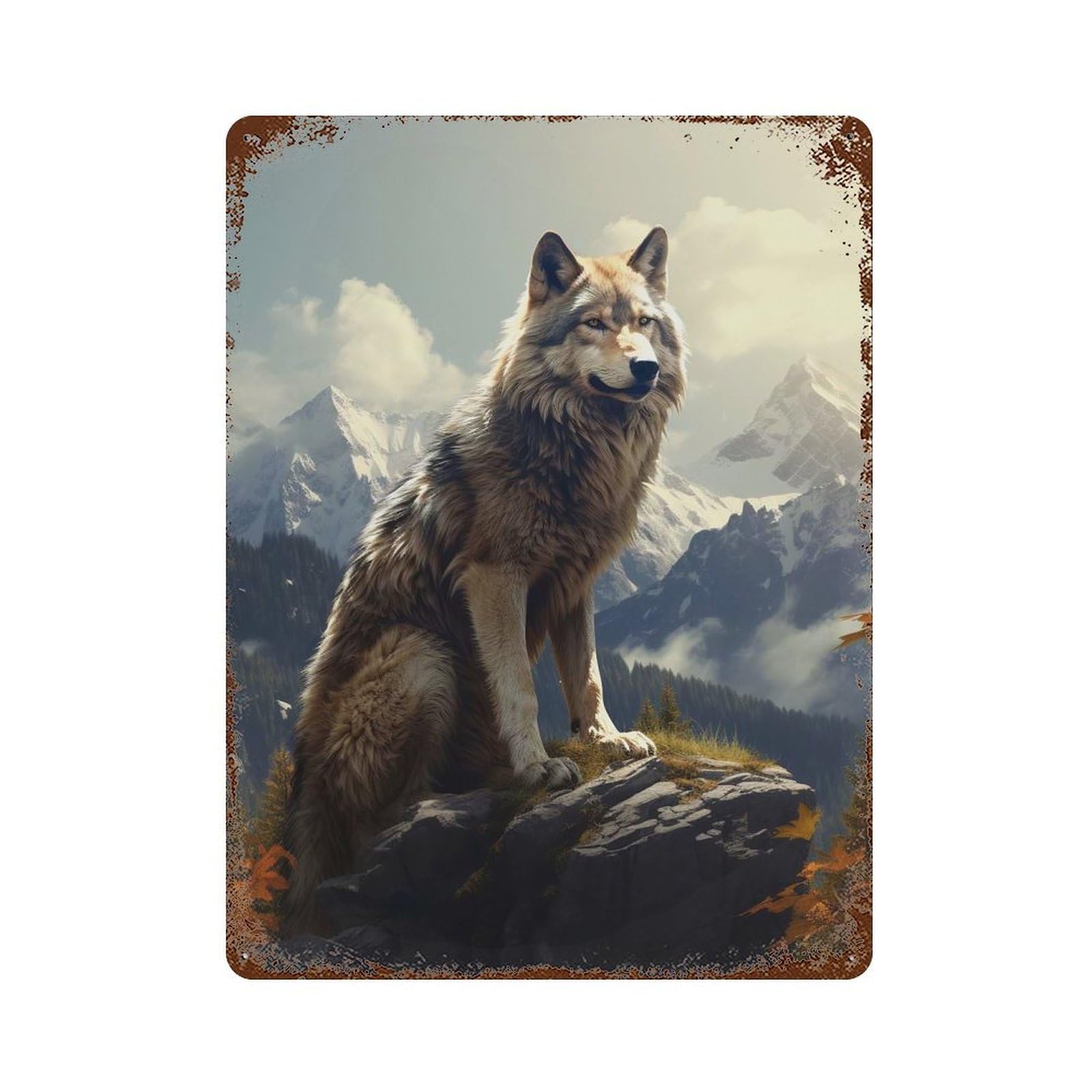 Garage Style Wolf Mountains Rusty Metal Tin Sign 15.7"x11.8", Classic Wall Plaque for Bar And Workshop