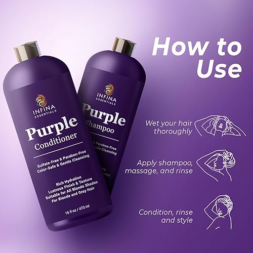 Miniatura 3 de Juego de champú y acondicionador morado, sin sulfatos, enriquecido con aceite de coco y aloe vera, ideal para cabello rubio, gris, cobrizo y tratado
