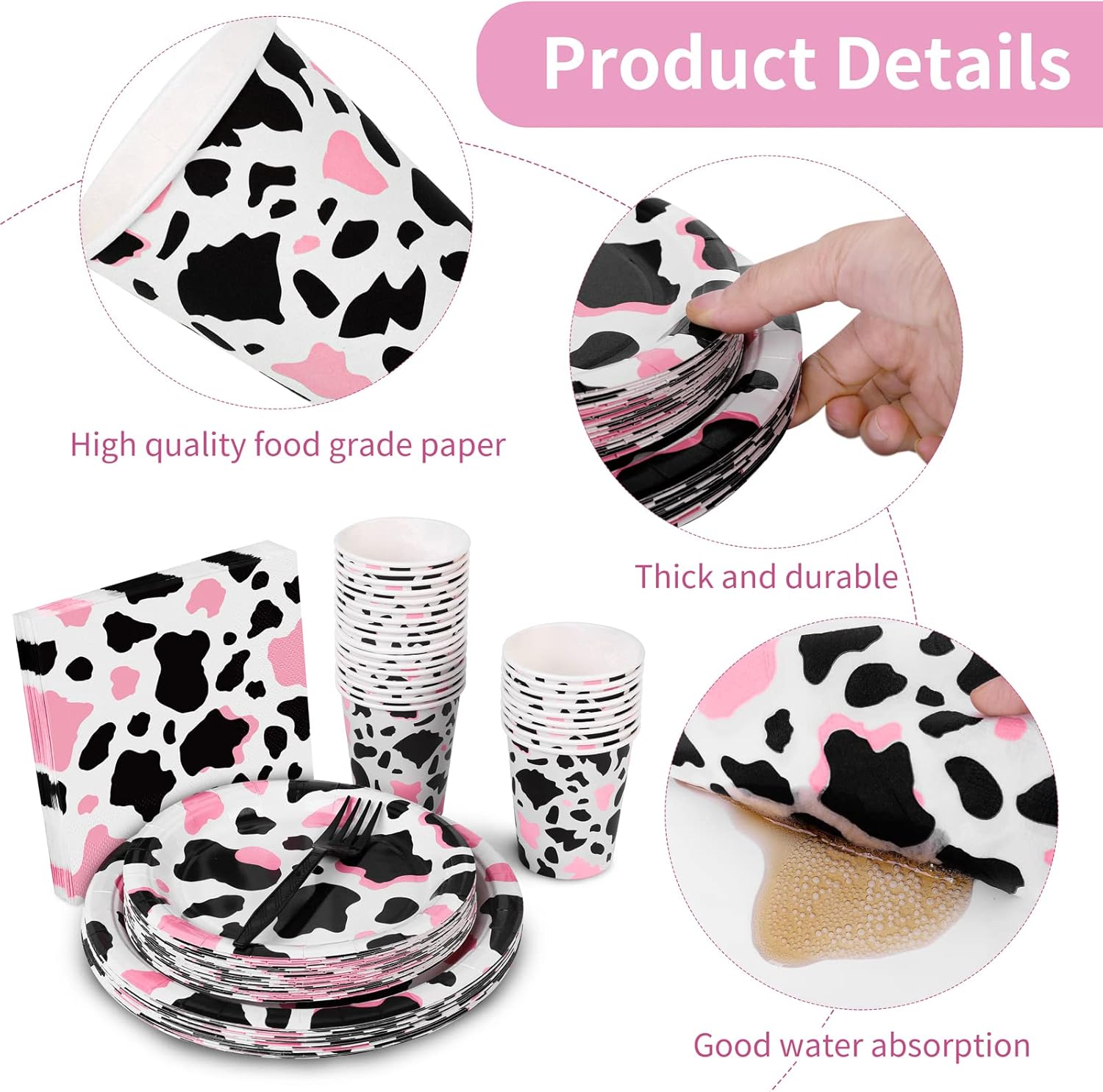durony 144 Pieces Pink Cow Print Party Tableware Set Including Cowgirl Pink Cow Party Plates Cups Napkins Forks Serves 24 for Baby Shower Farm Cow Party Decorations - Image 3