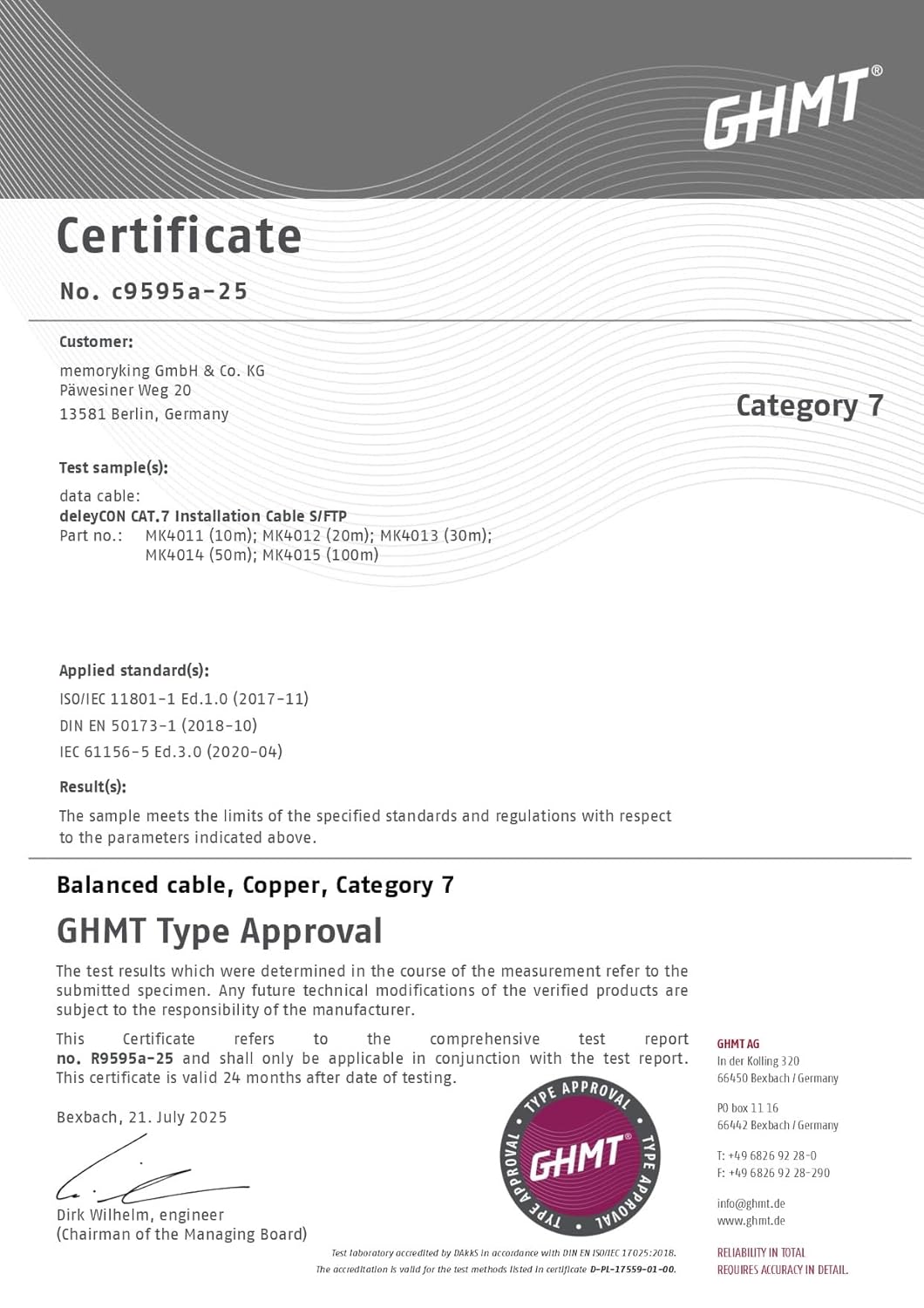 GHMT Type Approval Certificate for deleyCON CAT.7 Installation Cable S/FTP, confirming compliance with ISO/IEC and EN standards.