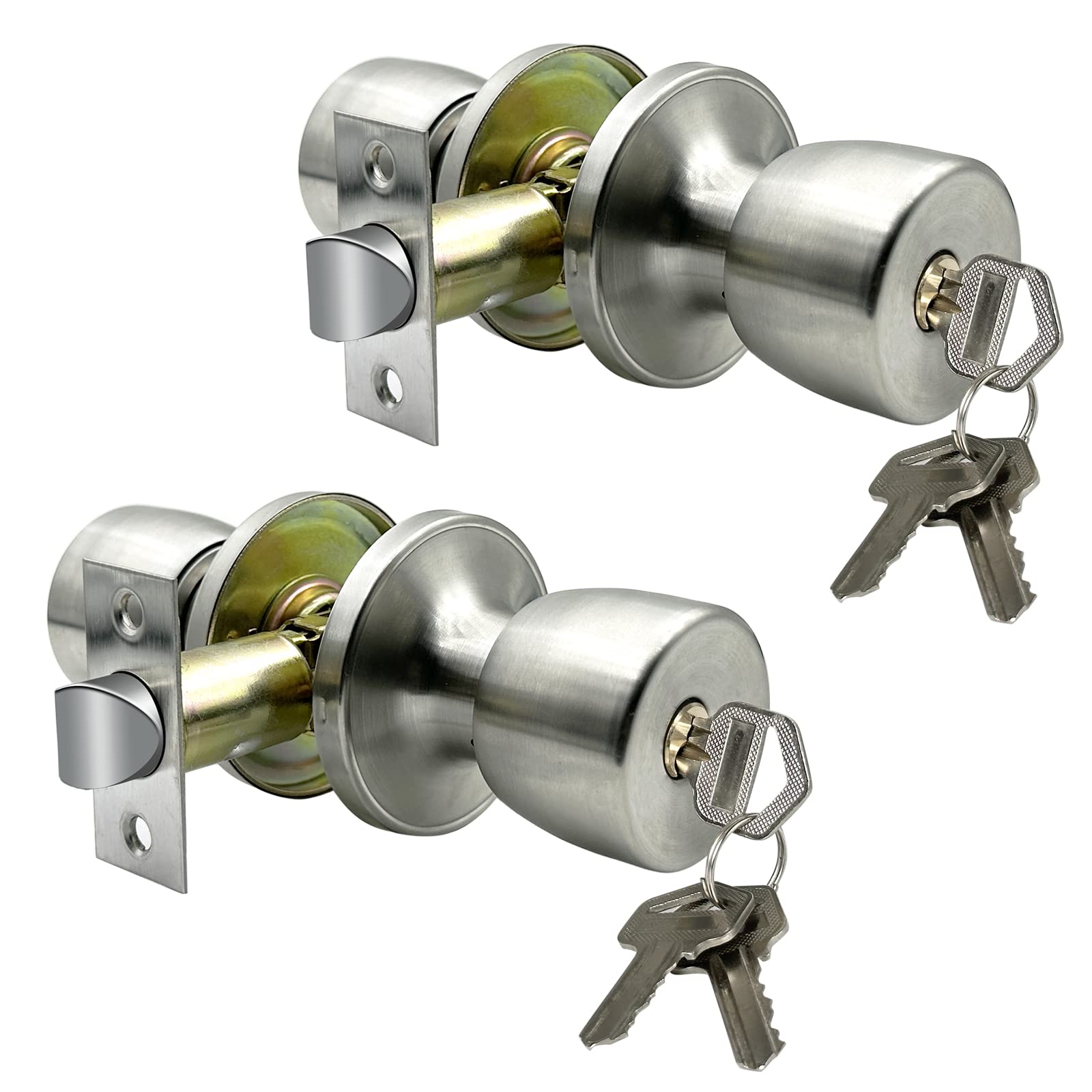 JO.KO Door Knob with Lock and Key, Round Ball Lock Interior/Exterior Door Knob for Bedroom Or Bathroom/Entry Door Handle (Stainless 2Pack)