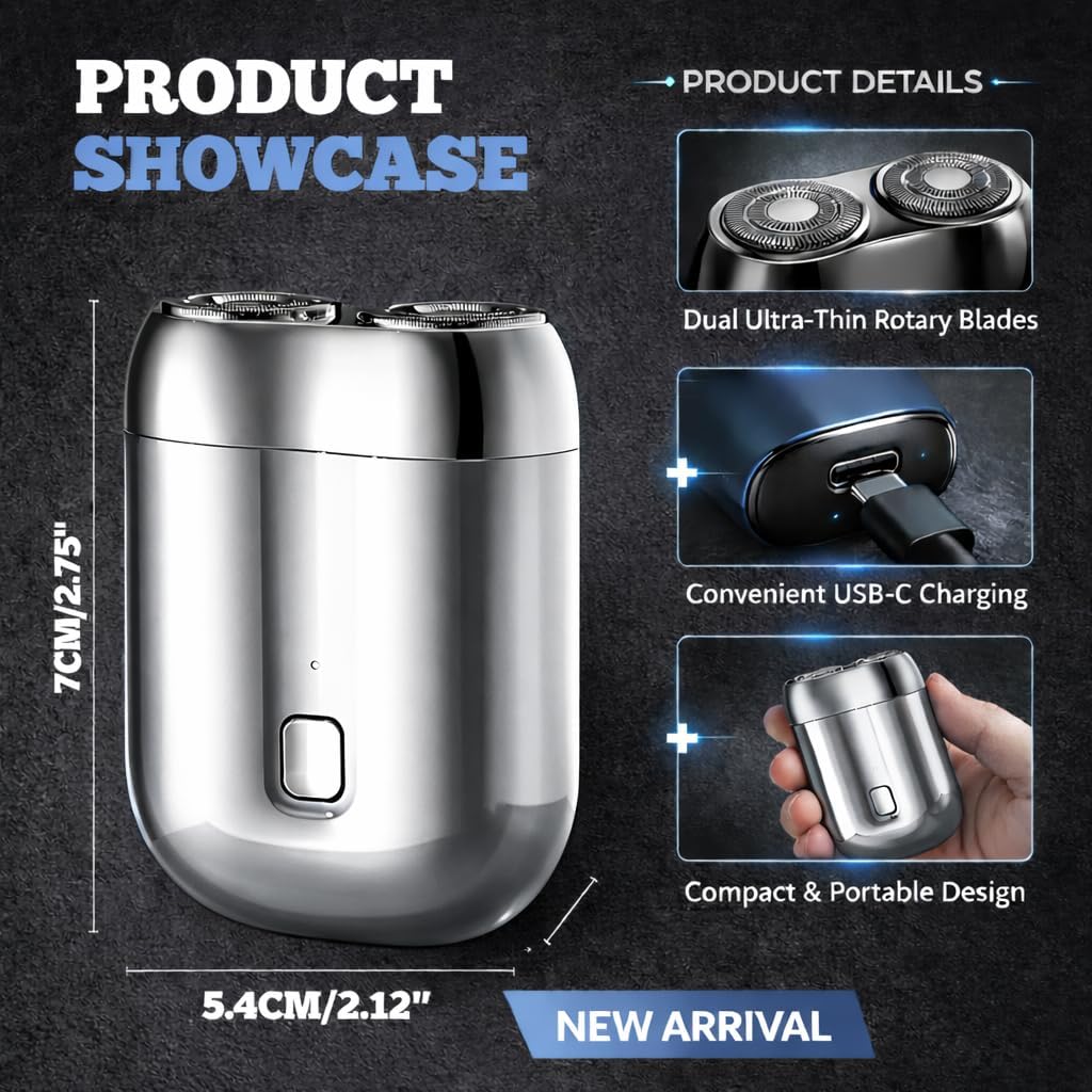 Electric Travel Razor Mini for Bald Men Dual Head Shaver Cordless Rechargeable Women Portable Pocket Close Razors Small Micro Foil Shavers Gifts Body and Face Professional Beard Trimmer (Silver)