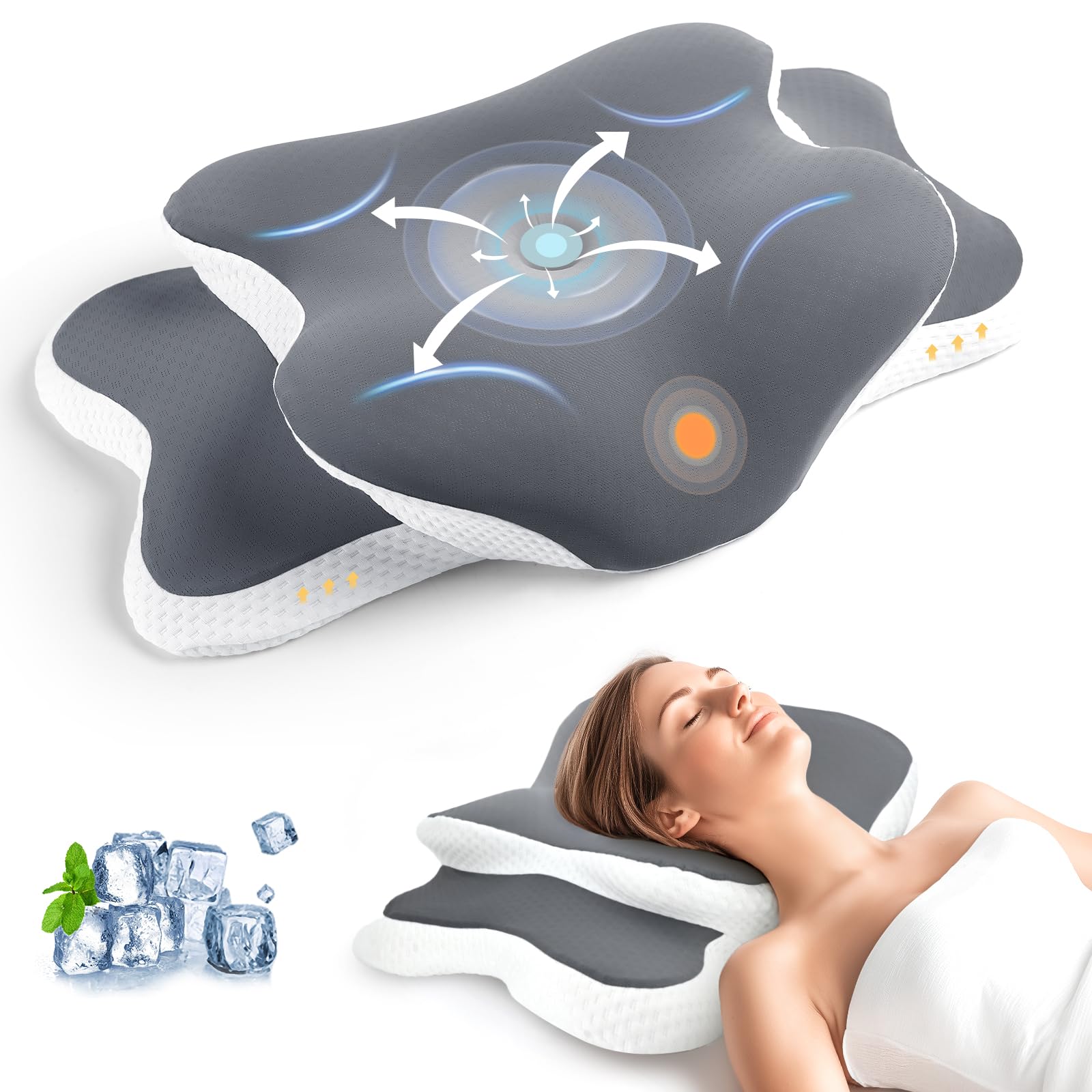 Almohada Ortopédica Viscoelástica – Almohada Cervical Ergonómica para Dormir de Lado, Boca Arriba o Boca Abajo – Alivio del Dolor de Cuello y Hombros – Gris