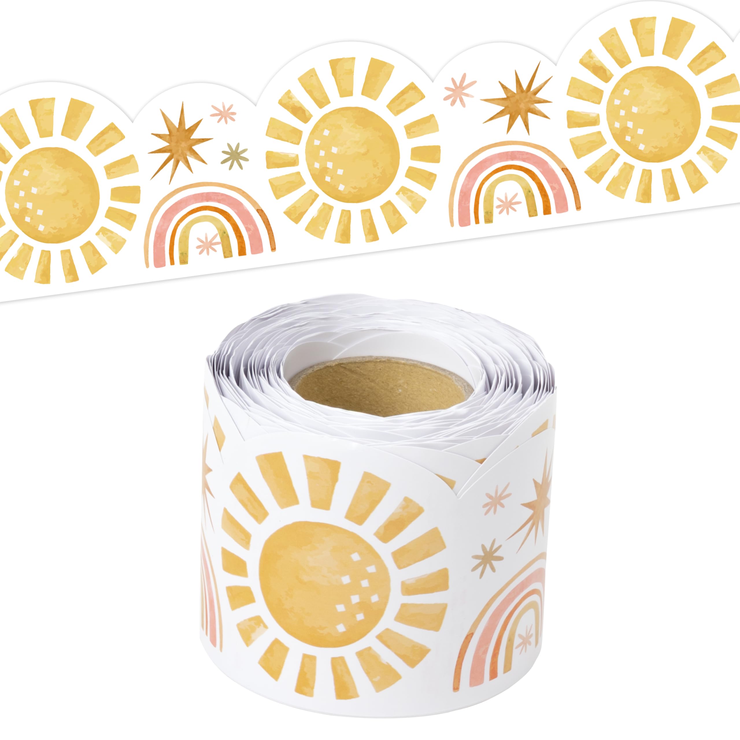 BeYumi Boho Sun Border Trim - 65ft Back to School Boho Sun Scalloped Rolled Border Trim Pastel Watercolor Bulletin Board Set Classroom Office Chalkboard Kindergarten Elementary Home Party Decoration