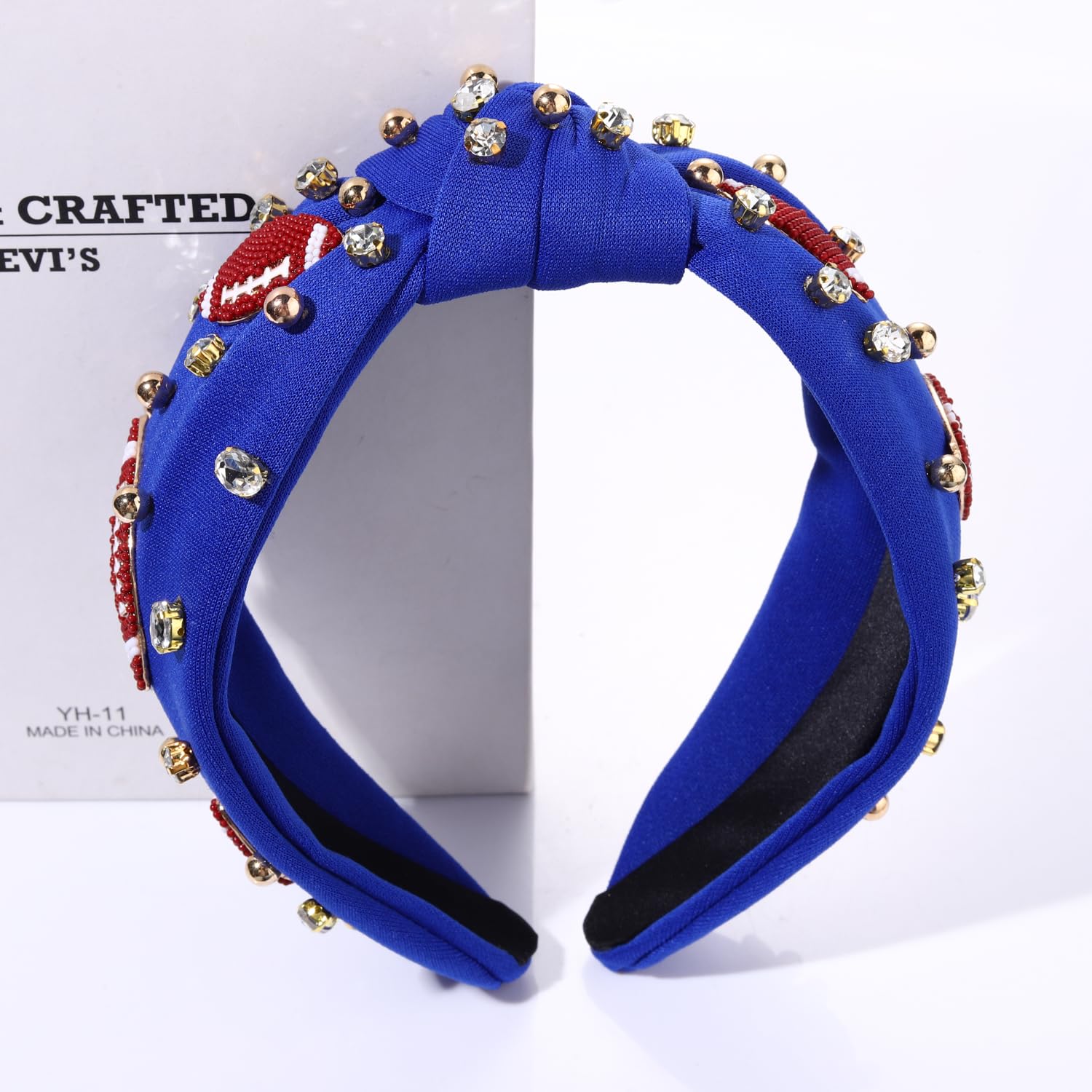 Football Headband for Women Football Accessories Beaded Football Rhinestone Crystal Knotted Headband Jeweled Embellished Game Day Top Knot Hairband Football Mom Hair Accessories (B-Navy Blue) - Image 4