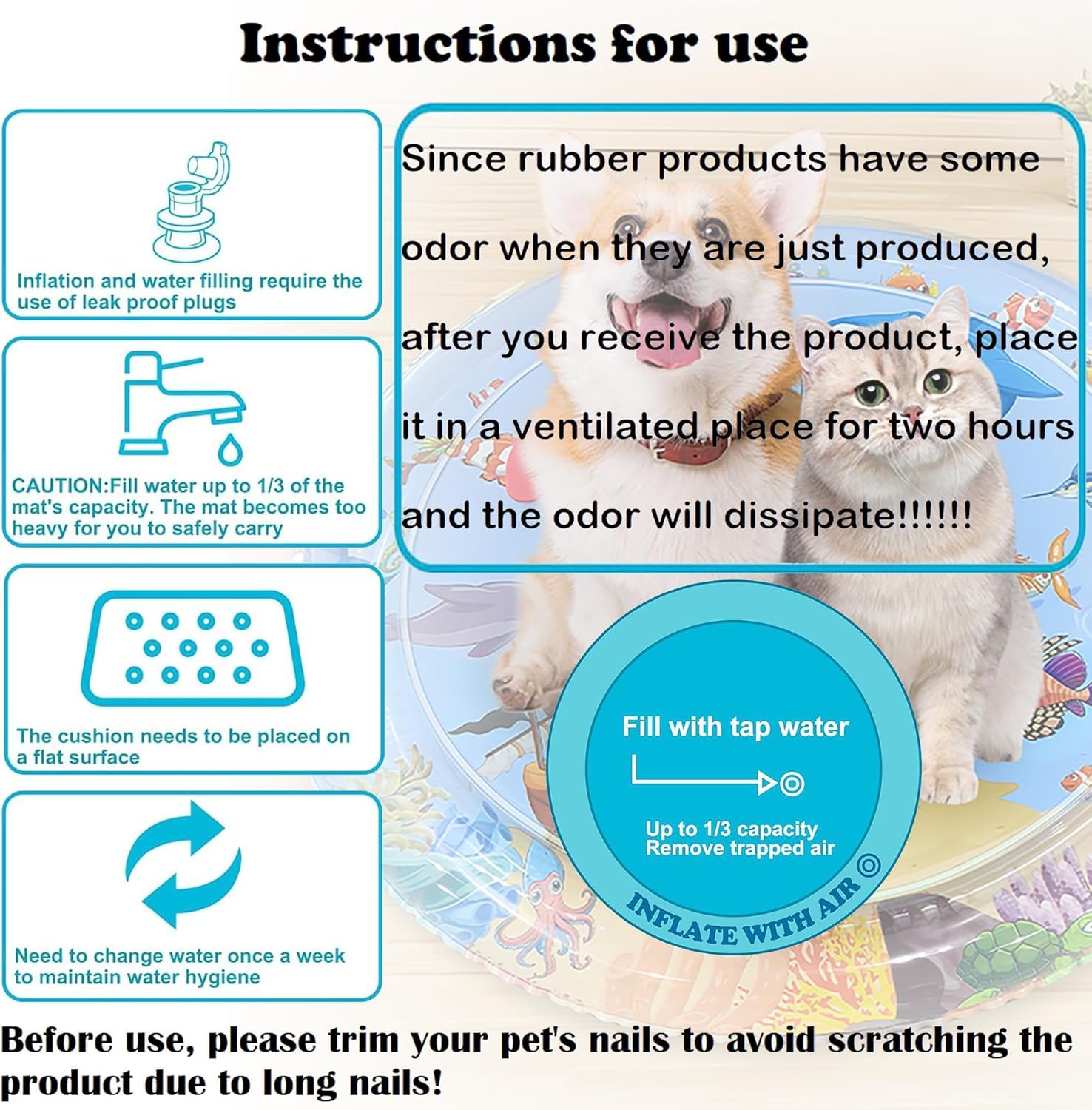 genkasar 2025 Upgraded Thickened Water Sensor Play Mat for Pets, Cats & Dogs, Cool Comfort Inflatable Tummy Time Water Mat, PVC Material, Rectangle, Indoor/Outdoor/Travel, 41.4 x 41.4 x 2.8 inches