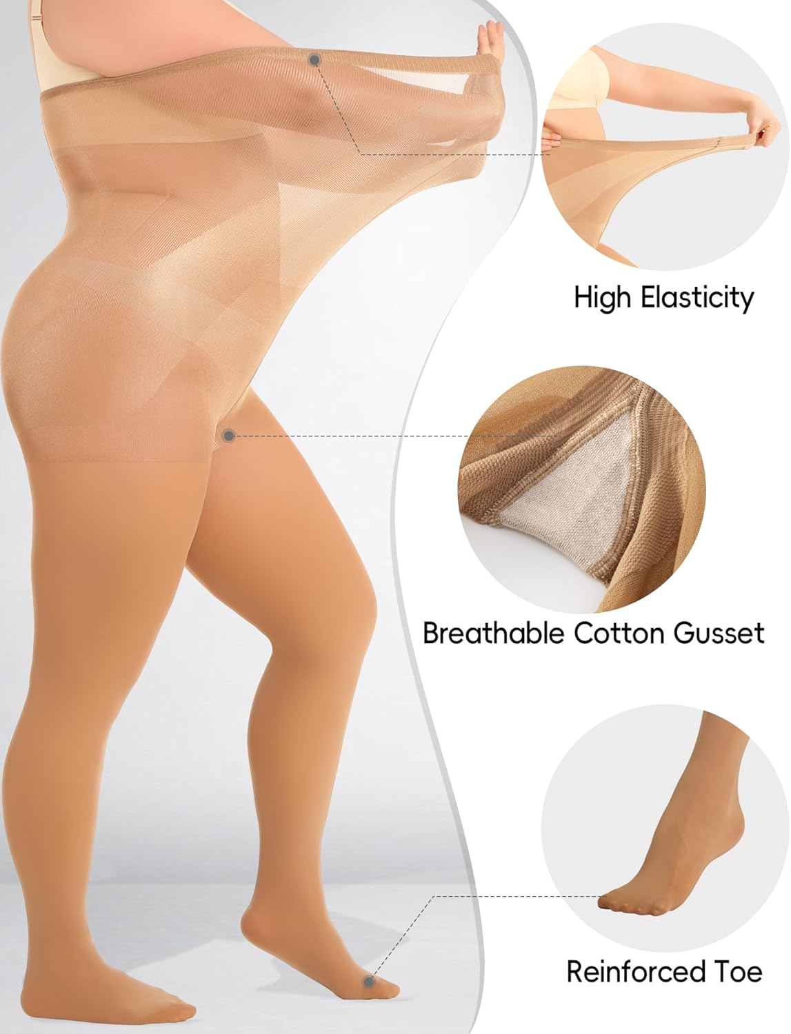 LABELLA Plus Size Tights for Women, Run-resistant Pantyhose for Women,Stay-Up Highly Stretch Waistband, Control Top Tights - Image 4