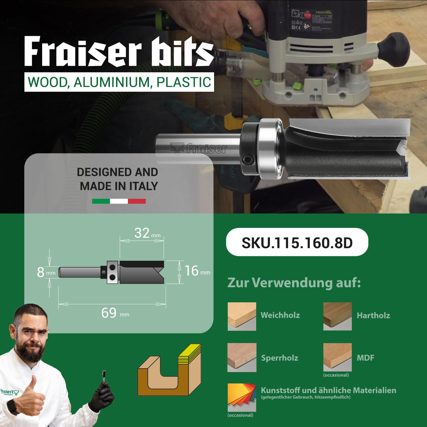 Fraiser Kopierfräser und Bündigfräser mit Anlaufring oben, Durchmesser 16 mm, Schaft 8 mm - für Oberfräse und Kantenfräse
