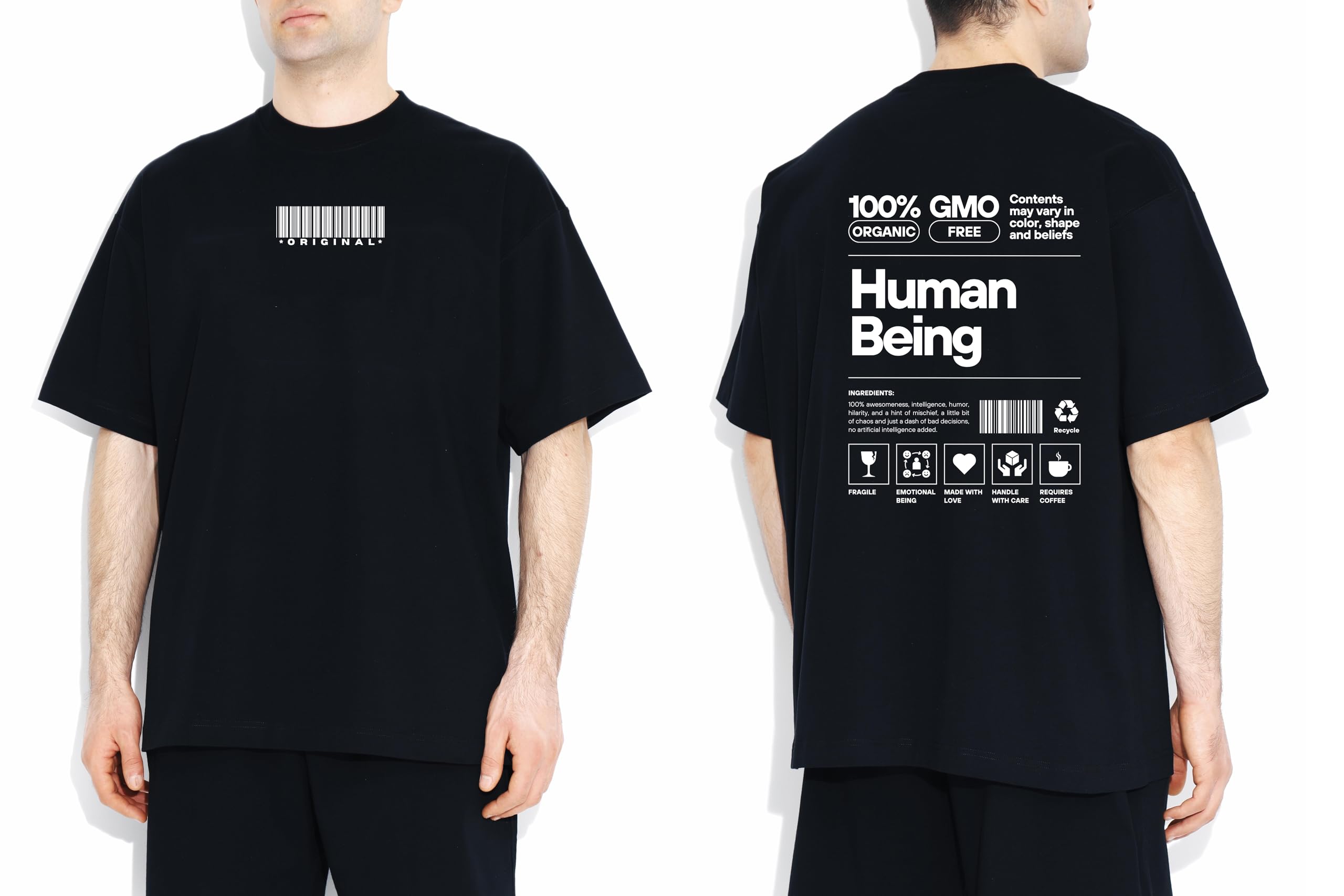 Oversized Graphic Tee for Men Human Being Print, Black, Long Sleeve 100% Cotton