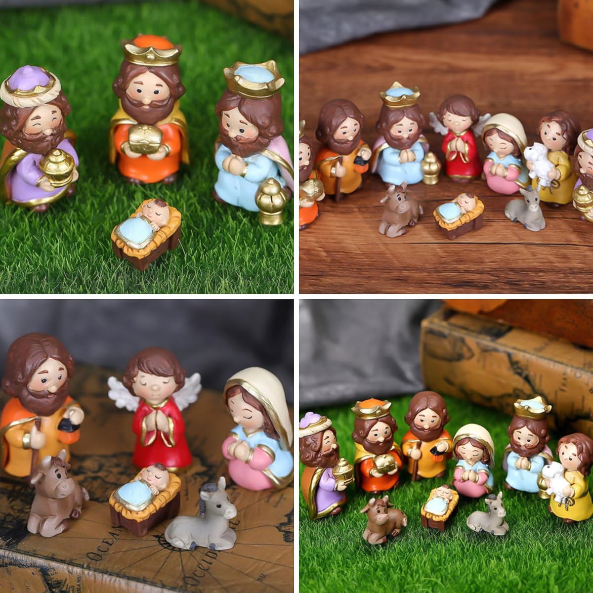 MACLARONX Mini-Krippen-Set, 10-teilig, Weihnachtskrippe, Kunstharz, kleine Figuren für den Innenbereich, mehrfarbig