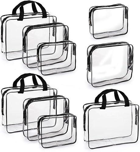 Hedume Juego de 9 bolsas de maquillaje transparentes, aprobadas por la TSA, juego de neceser transparente, PVC impermeable con asa de cremallera,