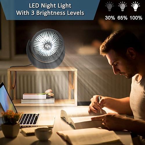 Miniatura 5 de Ventilador de escritorio USB con luces LED de noche, ventilador de escritorio de rotación de 360°, ventilador de refrigeración mini USB silencioso