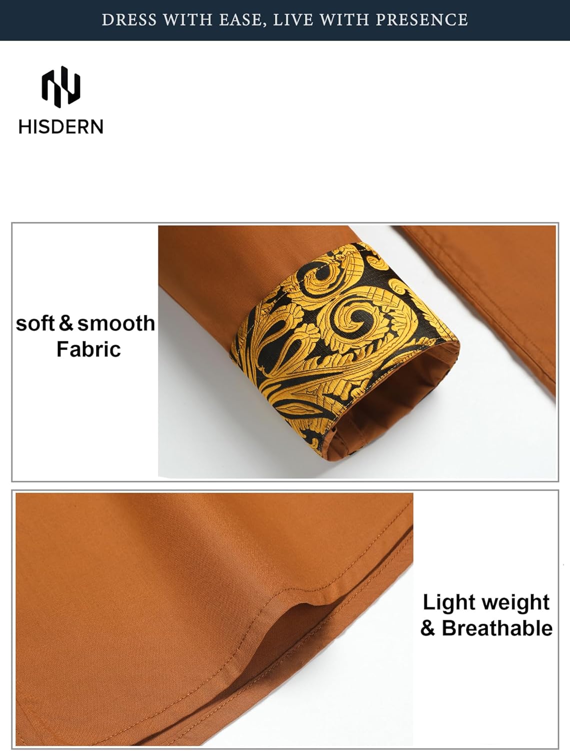 HISDERN Mens Dress Shirts Long Sleeve Button Down Casual Shirts for Men Inner Contrast Formal Business Tuxedo Wedding Shirt