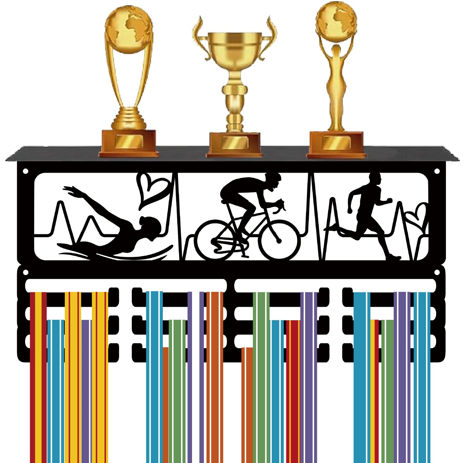 CREATCABIN Soporte para Medallas de Triatlón con Estante para Colgar En la Pared de Metal Negro para Natación Carrera Ciclismo 60 o Más Medallas para Ciclismo Corredores Y Nadadores 40 x 20 x 10cm
