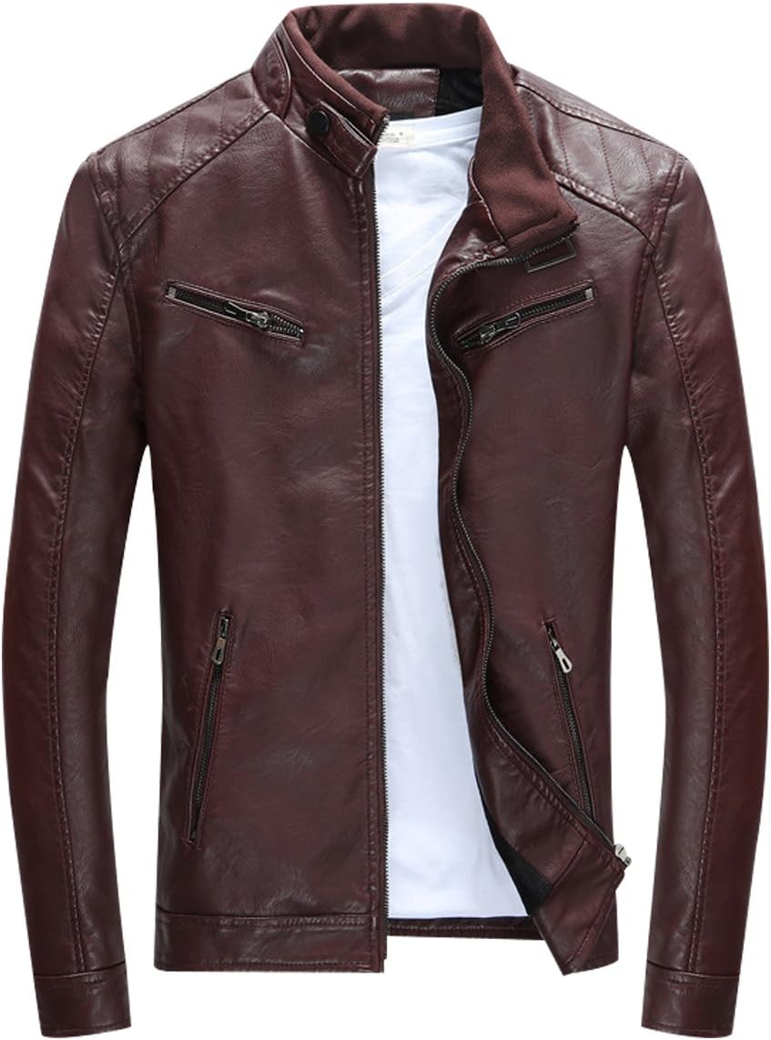 BiSHE Mens PU Leather Jackets Slim Smart Fit Fleece Harrington Jacket Coat, M, Darkred