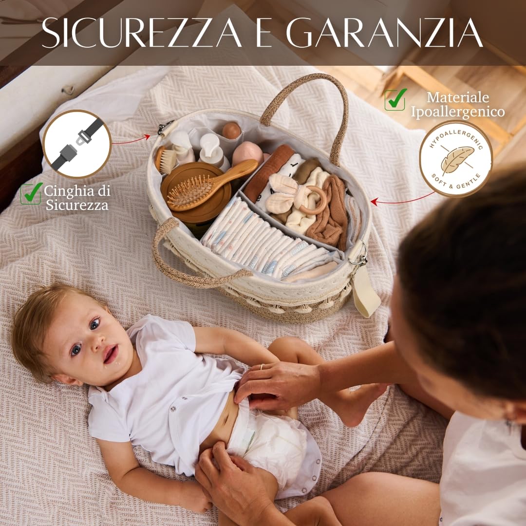 SEBRAM Organizer Fasciatoio per Neonati – Organizer Pannolini Beige Boho, Cesta Fasciatoio Neonato con Tracolla Regolabile & Tasche Termiche/Include maniglie bianche (vedi video)