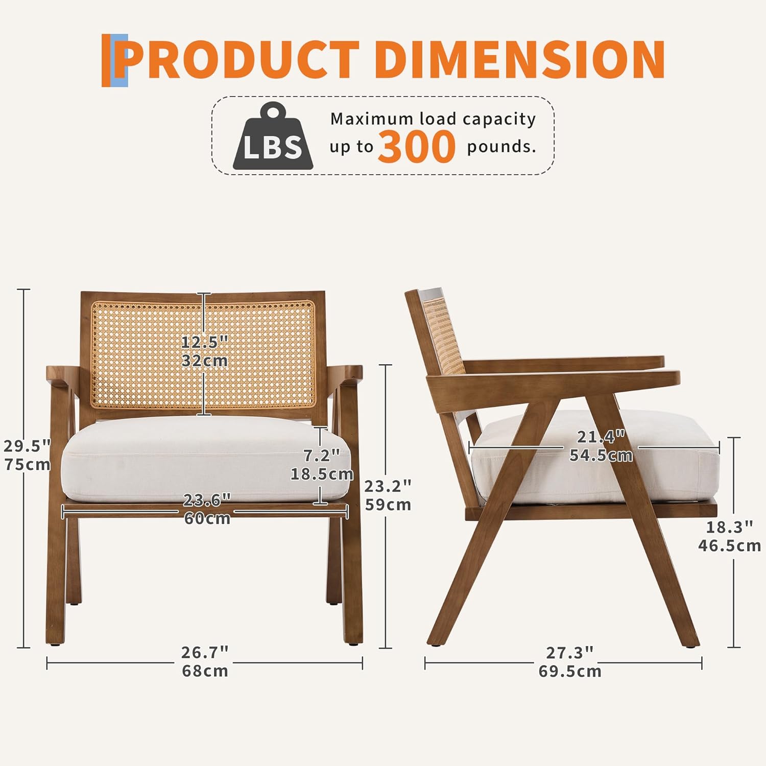 Mid Century Modern Accent Chair, Comfy Living Room Chairs with Sturdy Wood Legs, Rattan Backrest & Beige Thick Linen Cushion, Armchair for Bedroom Balcony Apartment, Beige (2 PCS)