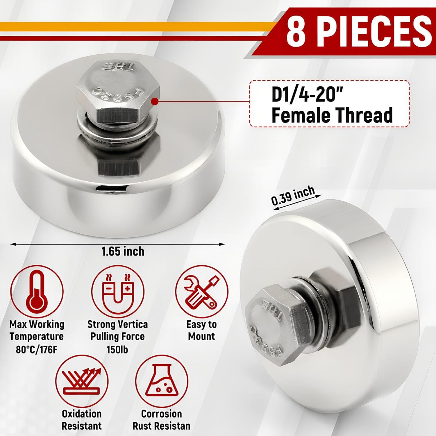 8 Pack Strong Neodymium Round Threaded Magnet with D1/4''-20 Female Thread, 150lb Powerful Stud Bolt on Magnet with Washer, Removable, for Lighting Camera Brackets (1.65 Inch, Primary Color)