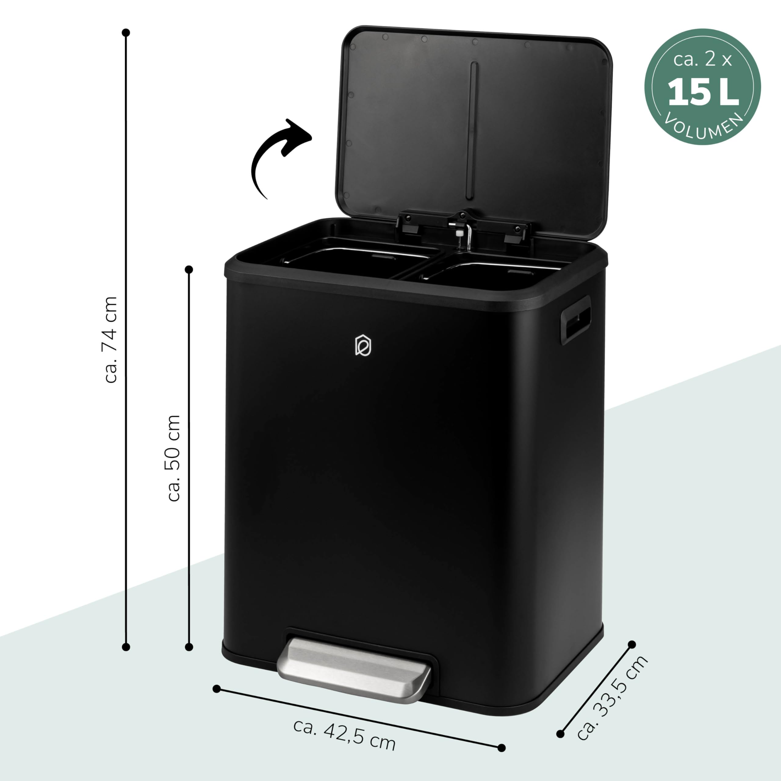 eluno Abfalleimer, Treteimer - 2 Fächern mit je 15 Liter Fassungsvermögen, herausnehmbare Inneneimer aus Kunststoff, seitliche Griffe, großes Fußpedal, Mülltrennsystem, Soft-Close Deckel (Schwarz)